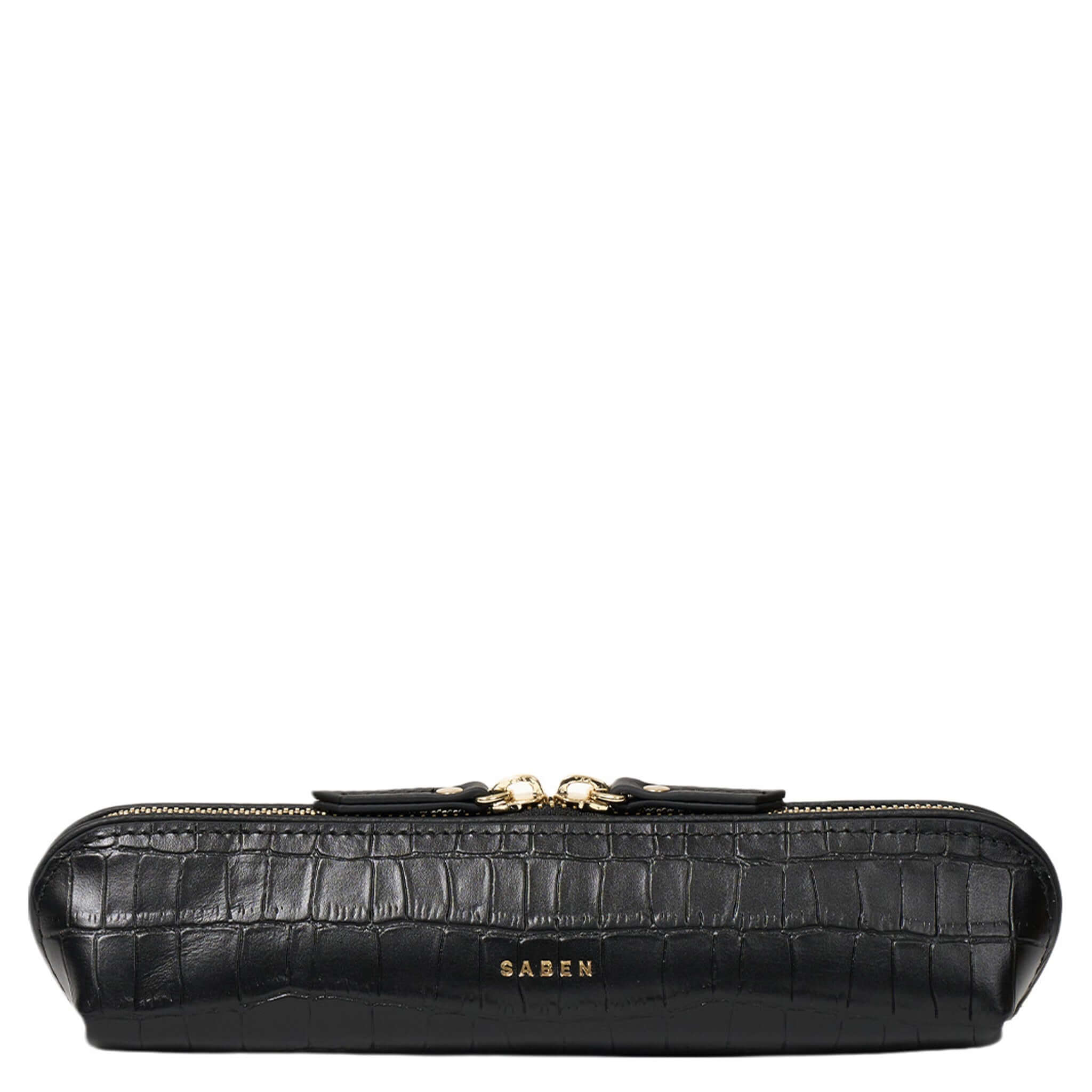 Black crocodile-patterned clutch bag with gold clasp on a white background