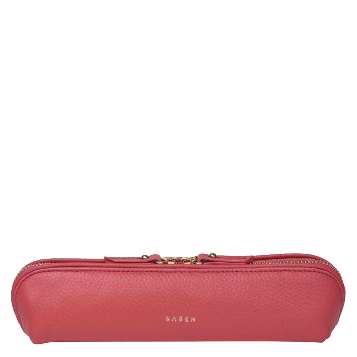 Saben Tali Pencil / Cosmetic Case - Azalea in chic pink leather with gold zipper and logo.