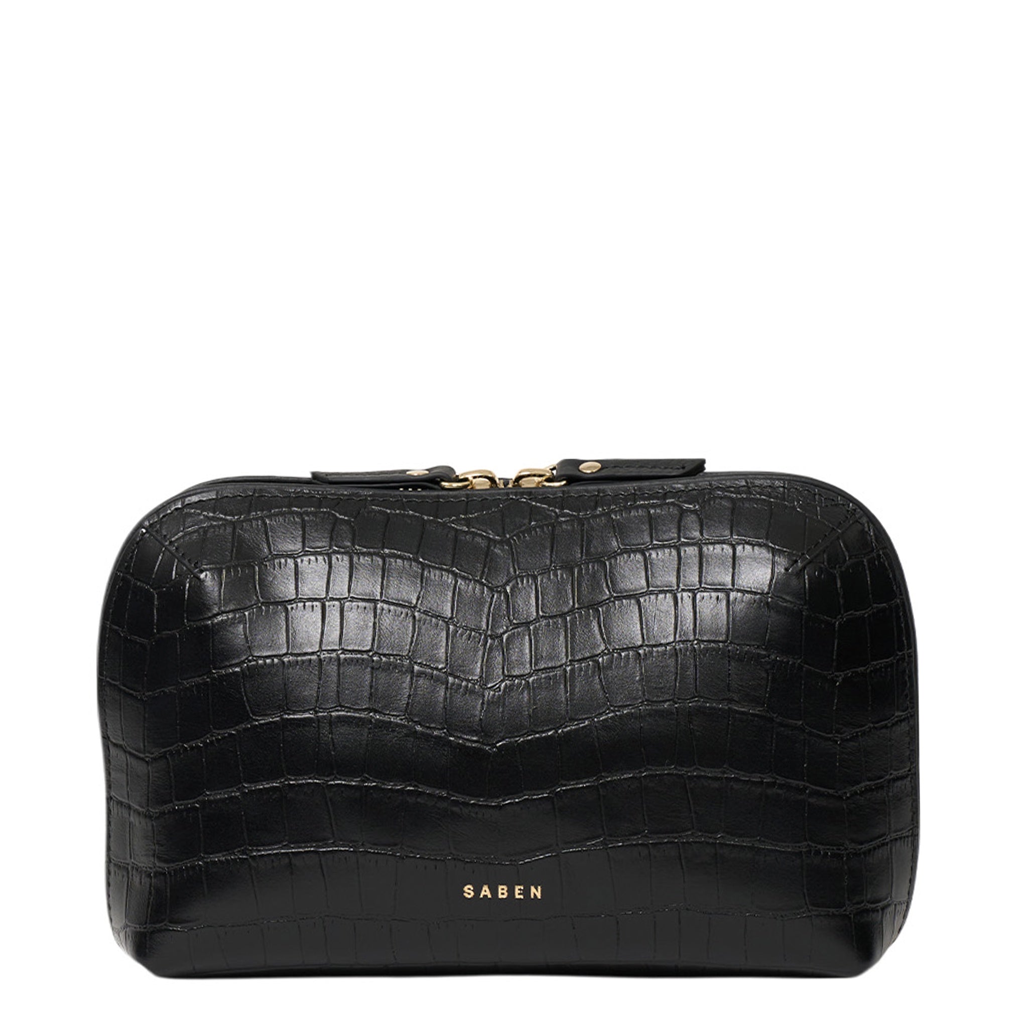 Black crocodile-patterned handbag with 'SABEN' branding on a white background
