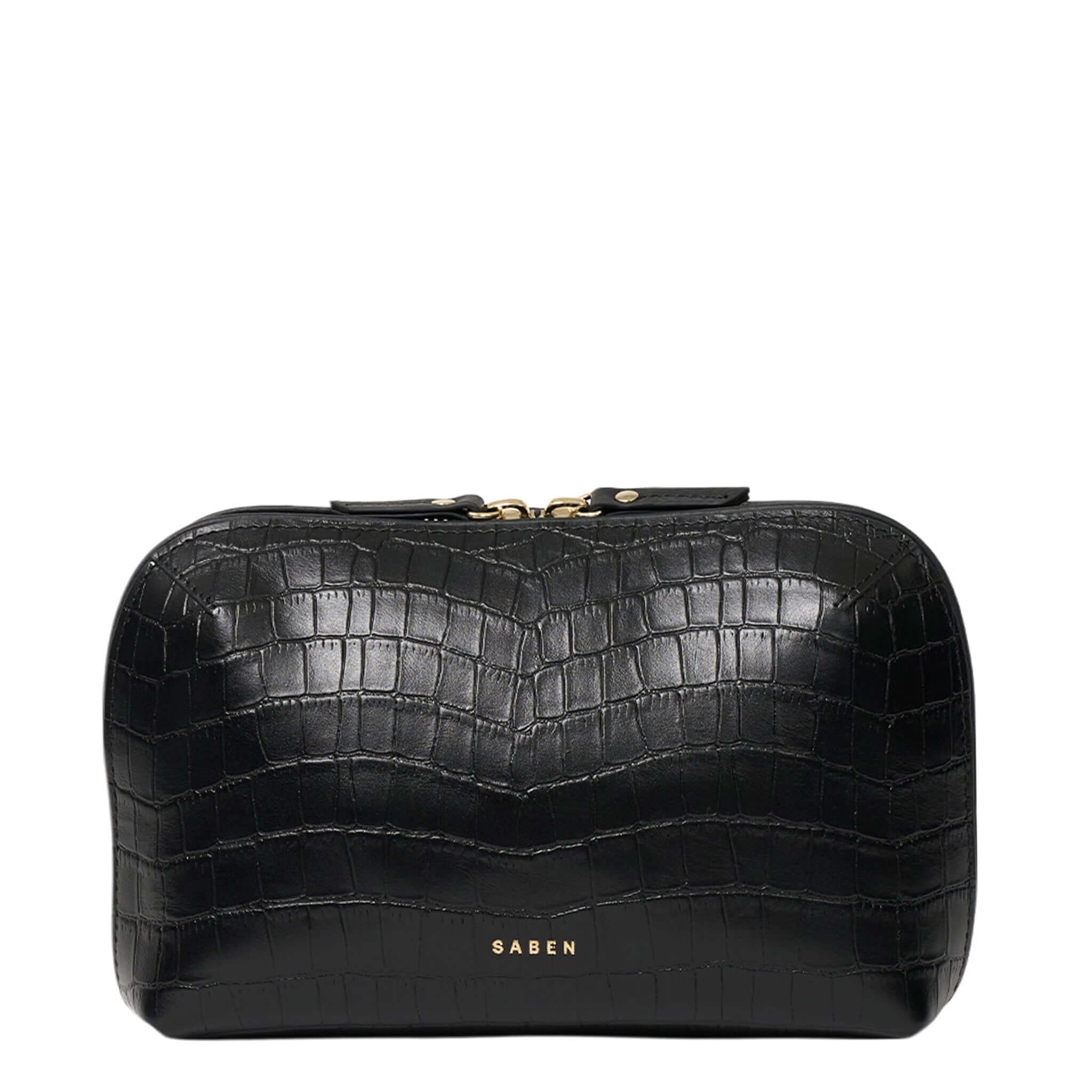 Black crocodile-patterned handbag with 'SABEN' branding on a white background