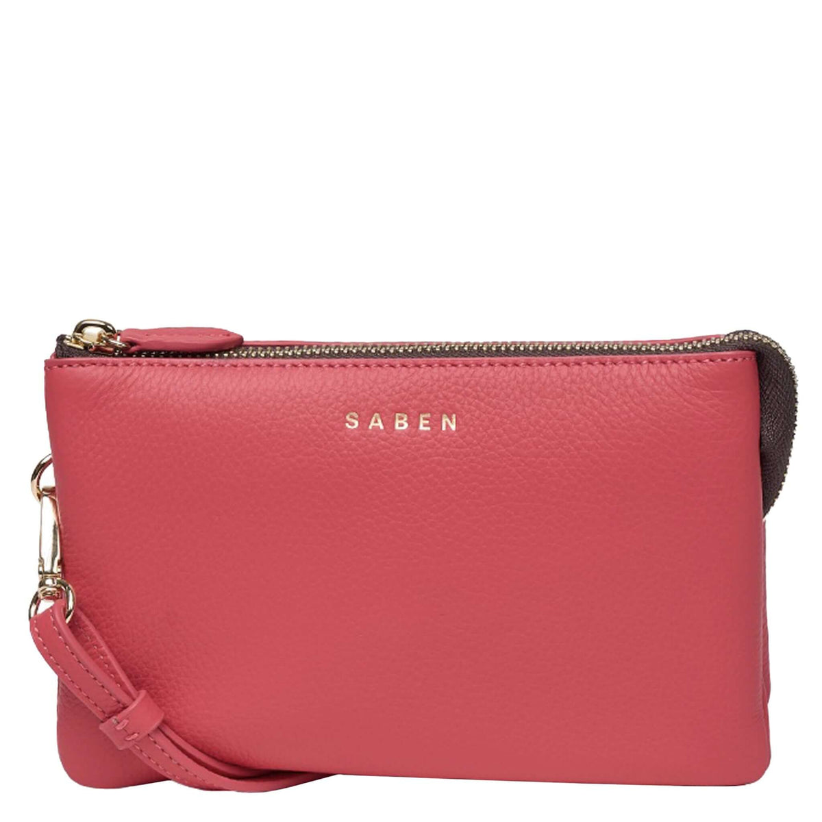 Saben Tilly Crossbody Bag - Azalea in vibrant pink leather with gold zip and strap.