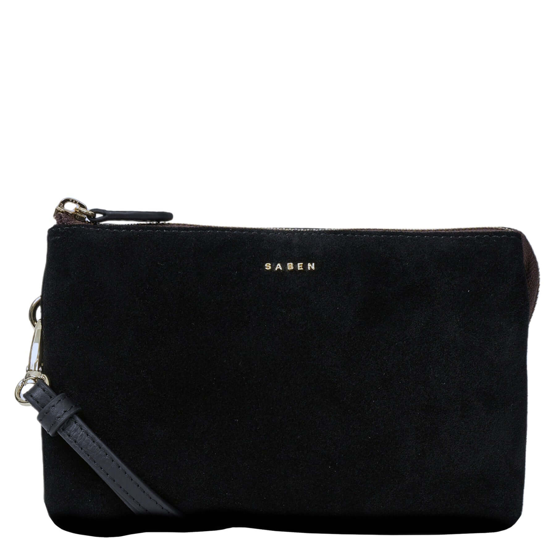 Alt Tag: Saben Tilly Crossbody Bag - Black Suede leather wallet clutch crossbody, black suede pouch with wrist strap, Saben logo