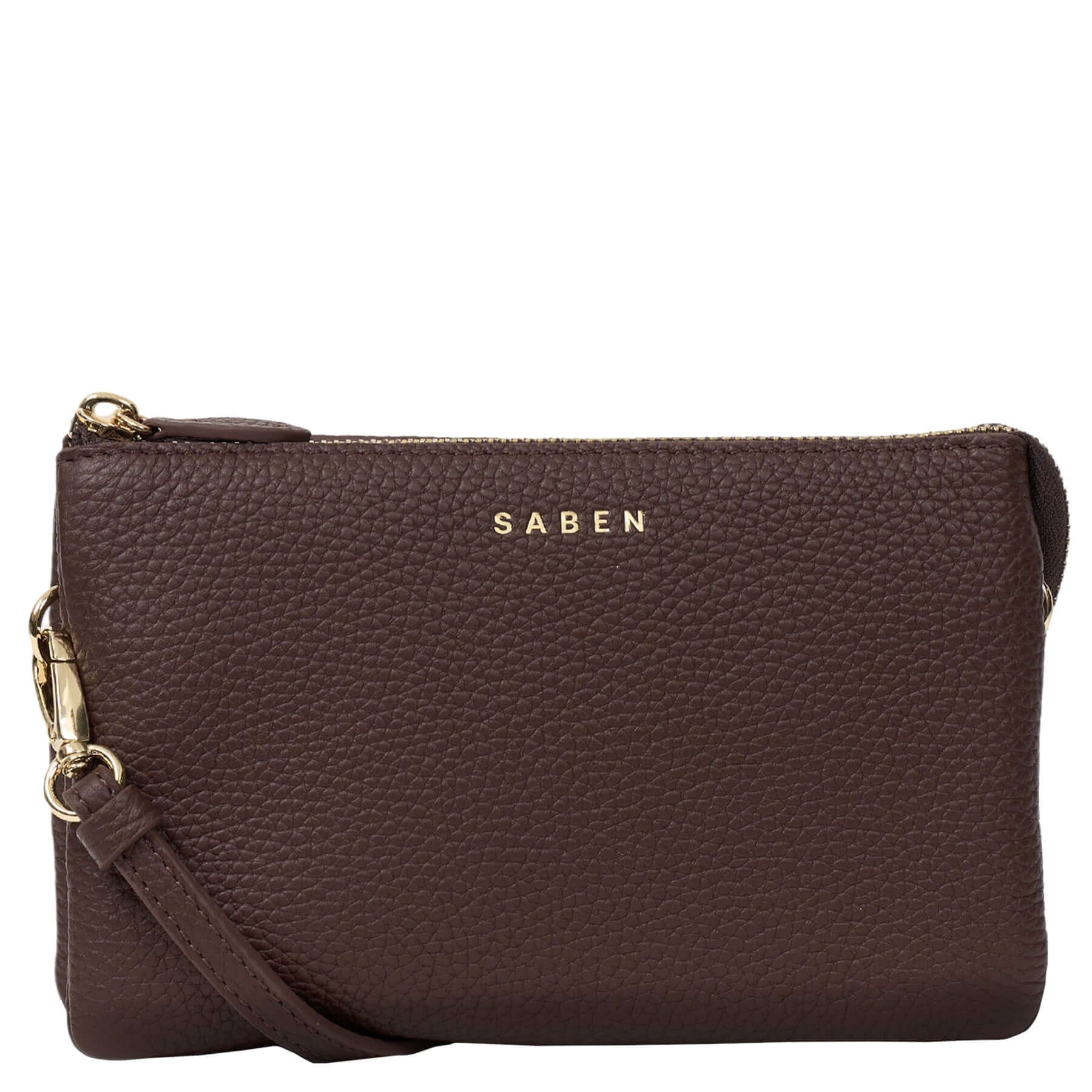 Alt Tag: Saben Tilly Crossbody Bag - Espresso leather clutch wallet pouch with wrist strap and gold Saben logo