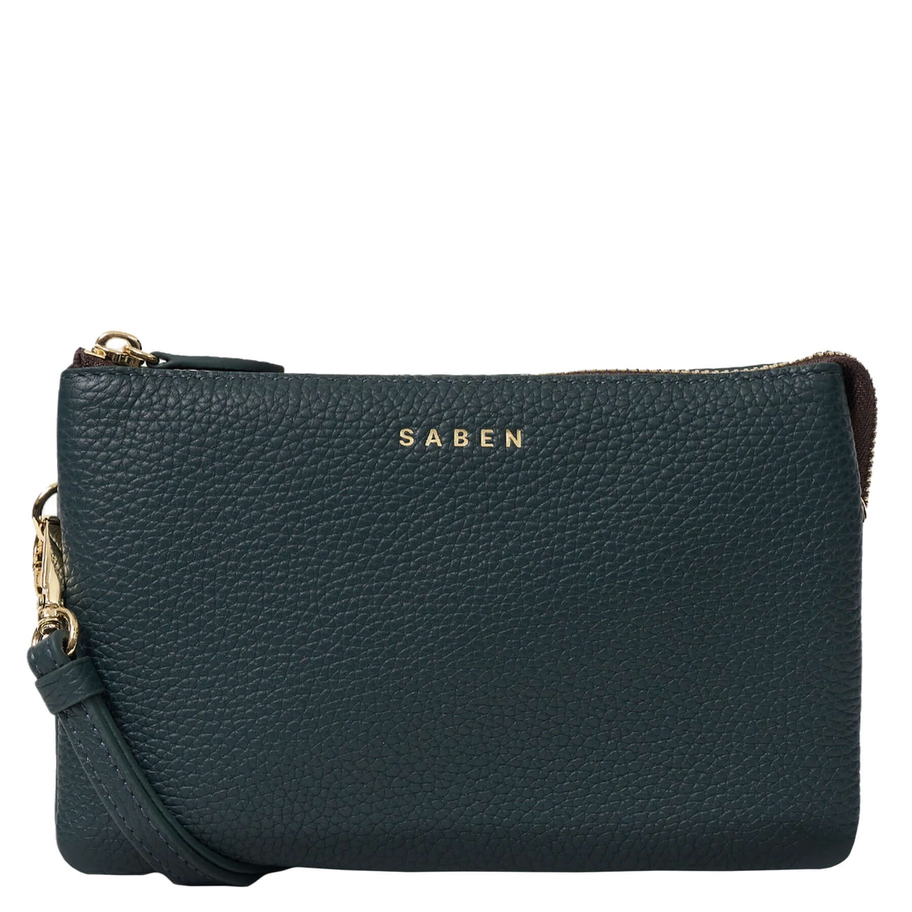 Alt Tag: Saben Tilly Crossbody Bag - Hunter Green leather wallet clutch crossbody with wrist strap and gold zip, Saben logo
