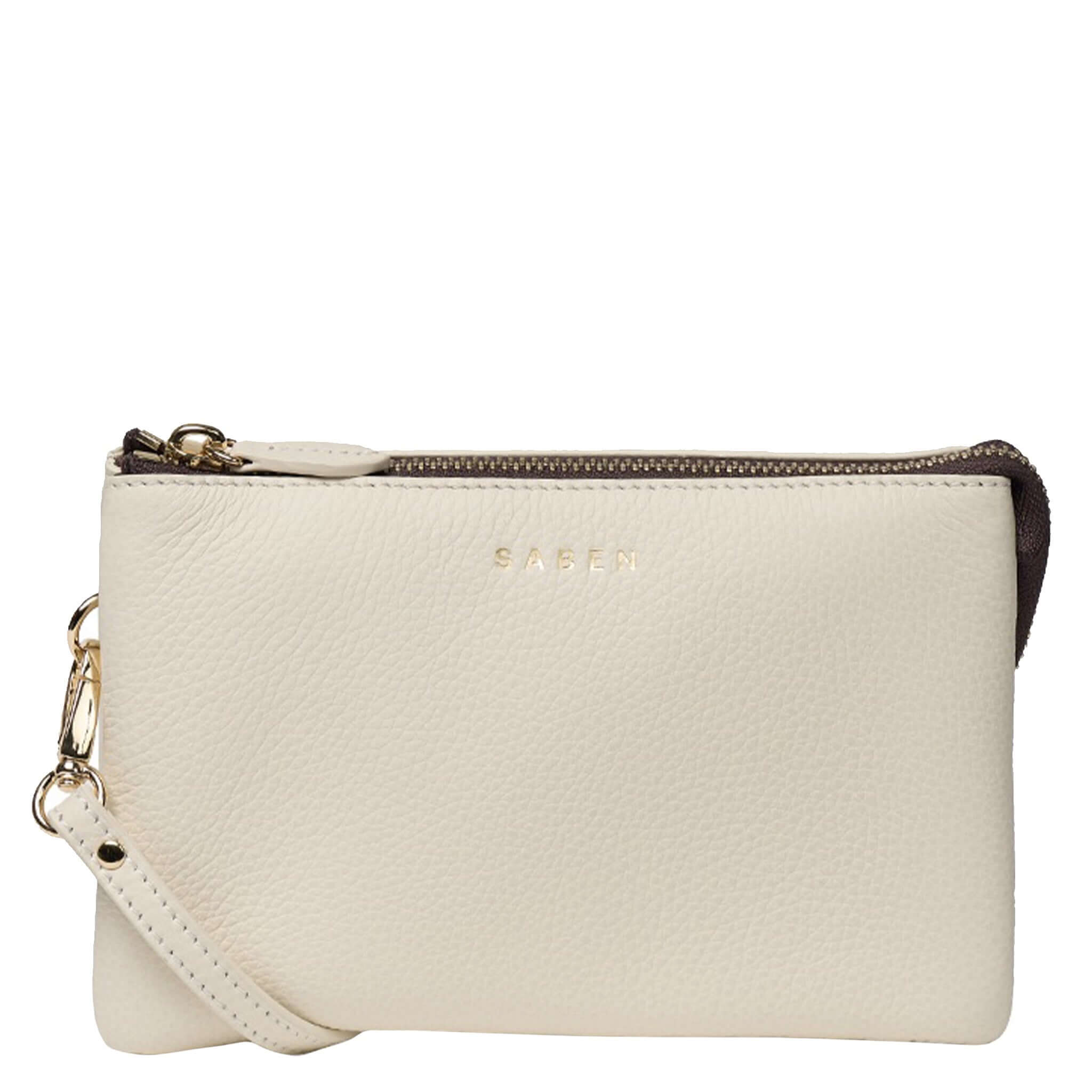 Saben Tilly Crossbody Bag - Quartz, stylish cream leather wallet with gold zipper and detachable strap.