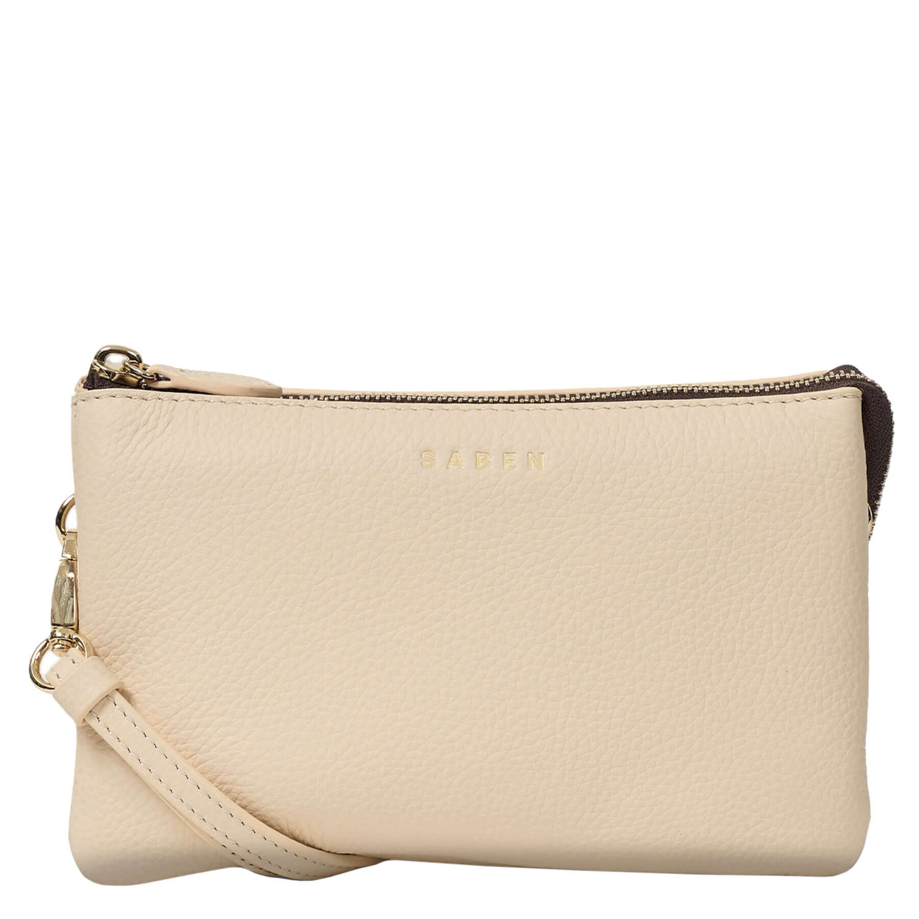 Alt Tag: Saben Tilly Crossbody Bag - Vanilla leather wallet clutch and crossbody pouch with wrist strap, zipped top, front view