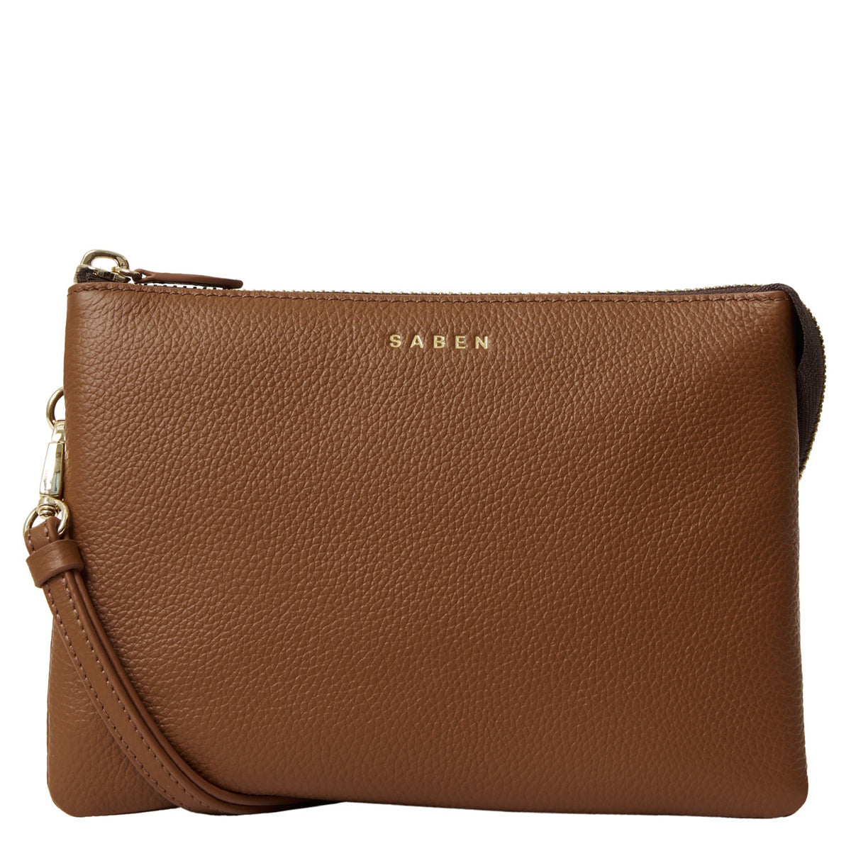 Saben Tilly's Big Sis Crossbody Bag - Tan pebbled leather with gold Saben logo and zip, front view