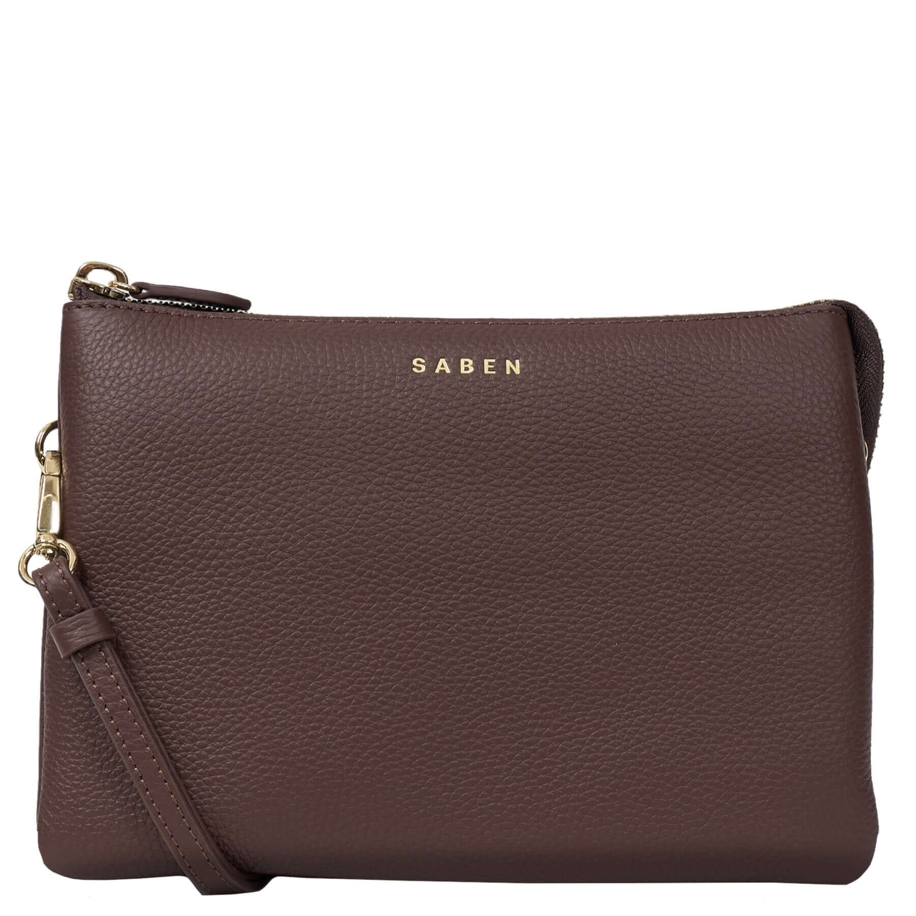 Alt Tag: Saben Tilly's Big Sis Crossbody Bag - Espresso pebbled leather crossbody clutch with zip closure and gold hardware