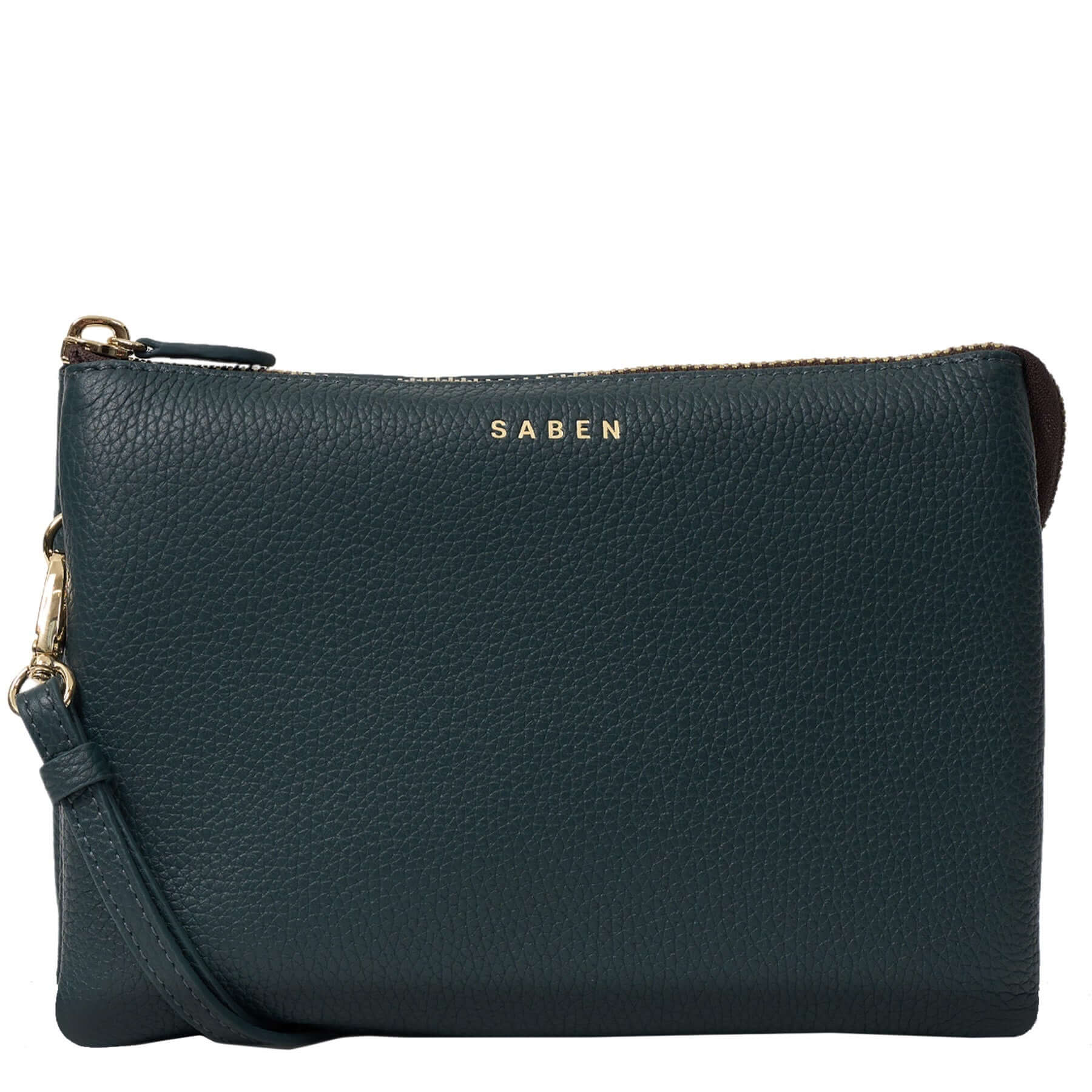Alt Tag: Saben Tilly's Big Sis Crossbody Bag - Hunter Green pebbled leather crossbody clutch with gold SABEN logo and wrist strap