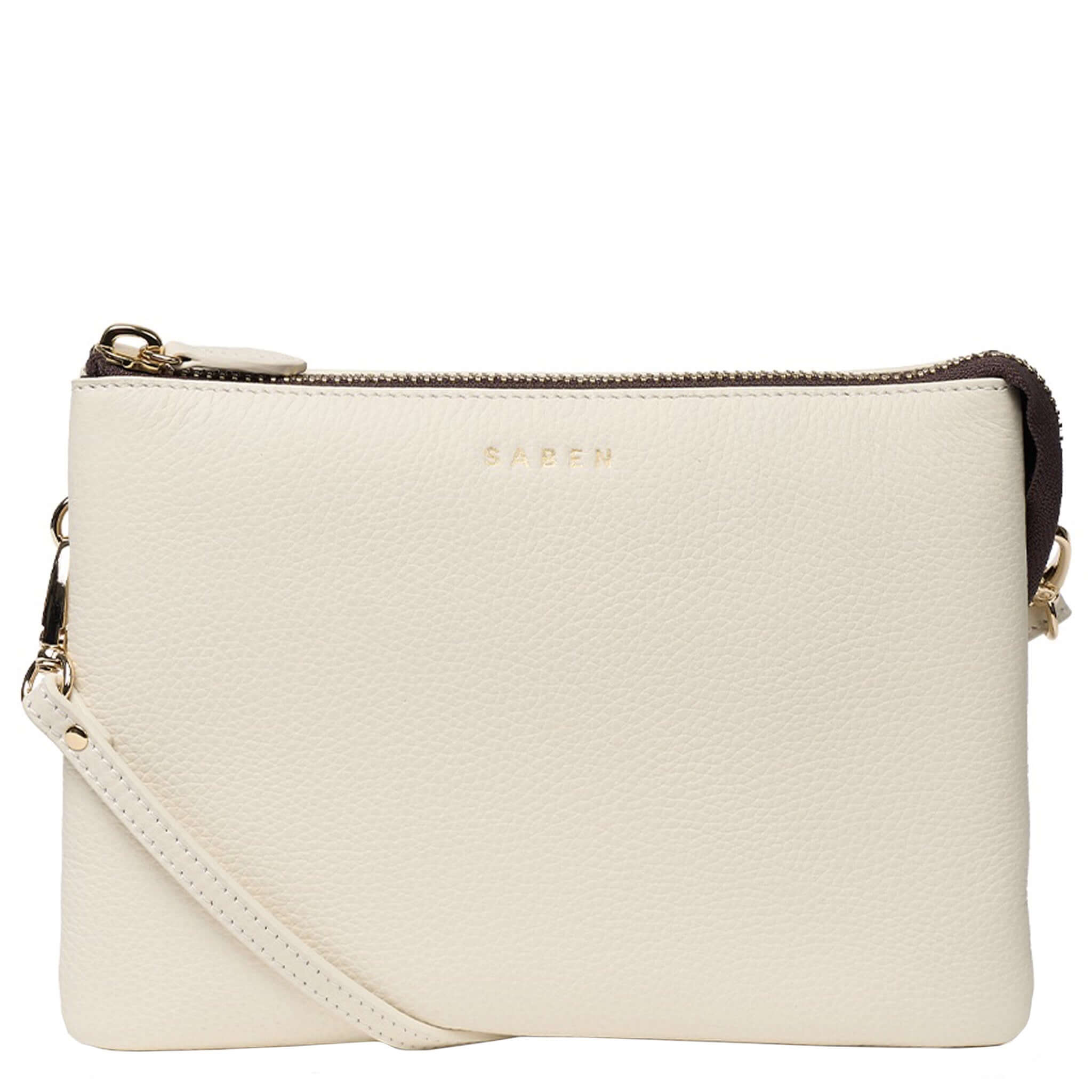 Saben Tilly's Big Sis Crossbody Bag - Quartz in cream leather with gold zipper and adjustable strap.