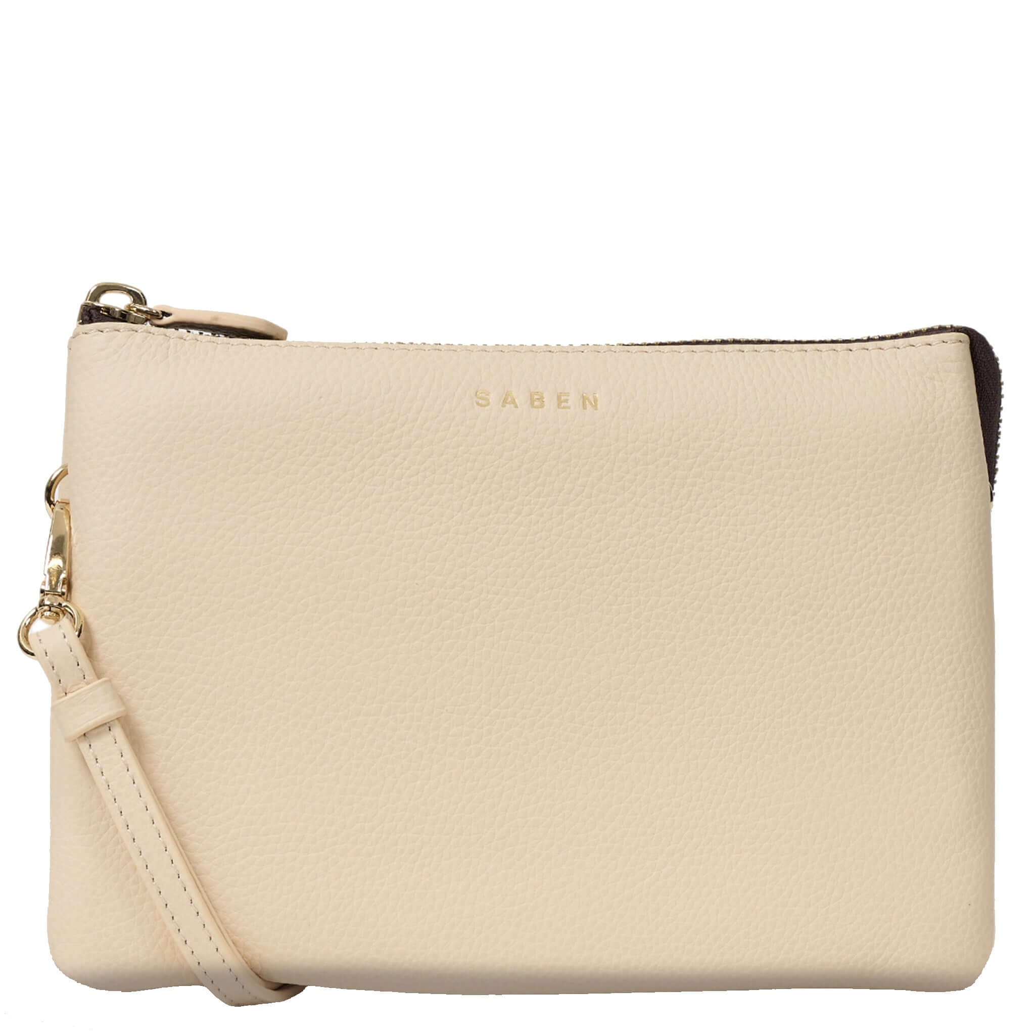 Alt Tag: Saben Tilly's Big Sis Crossbody Bag - Vanilla pebbled vanilla leather clutch pouch with wrist strap and gold Saben logo