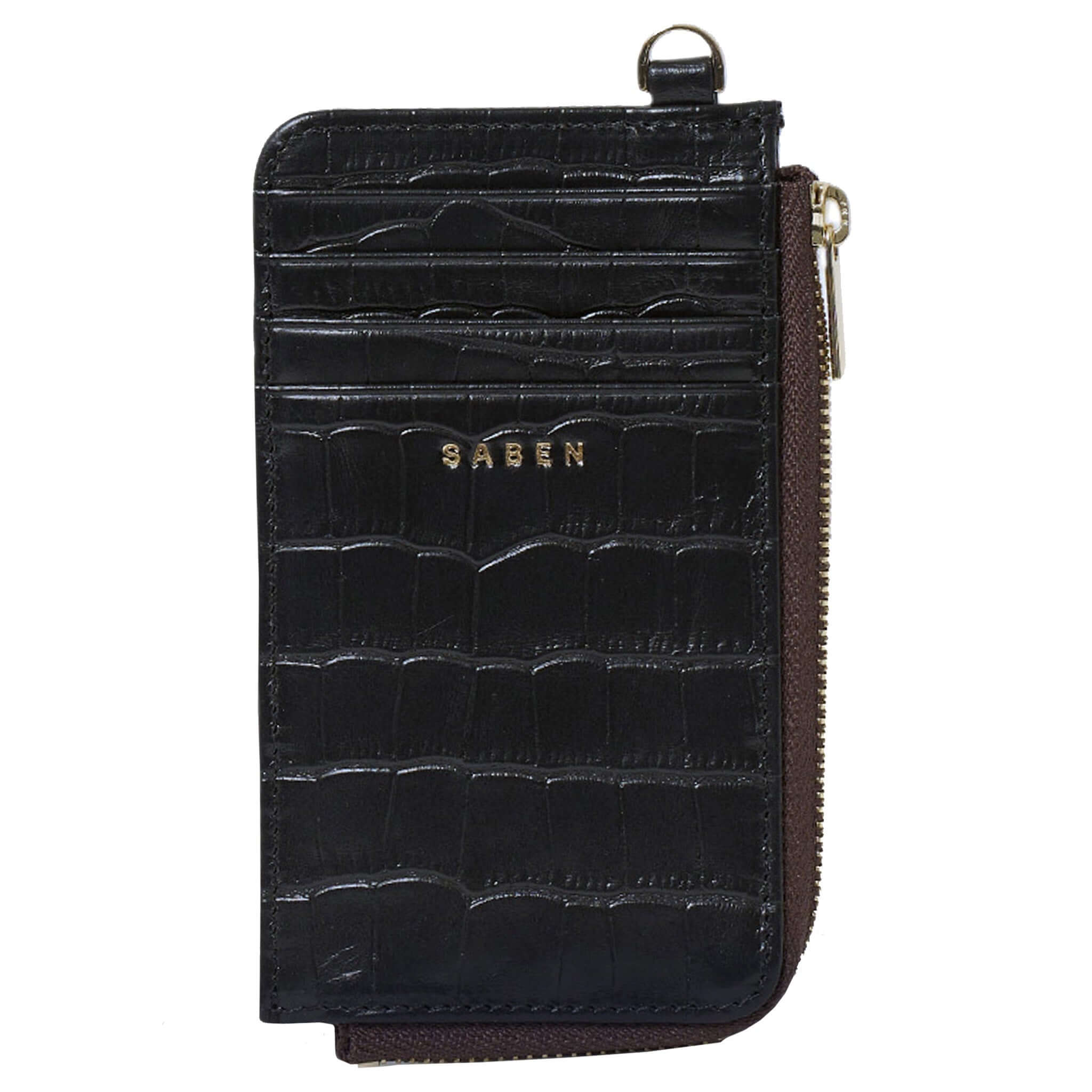 Alt Tag: Saben Winona Card Holder - Black Croc textured leather card holder wallet with zip coin pocket and 8 card slots