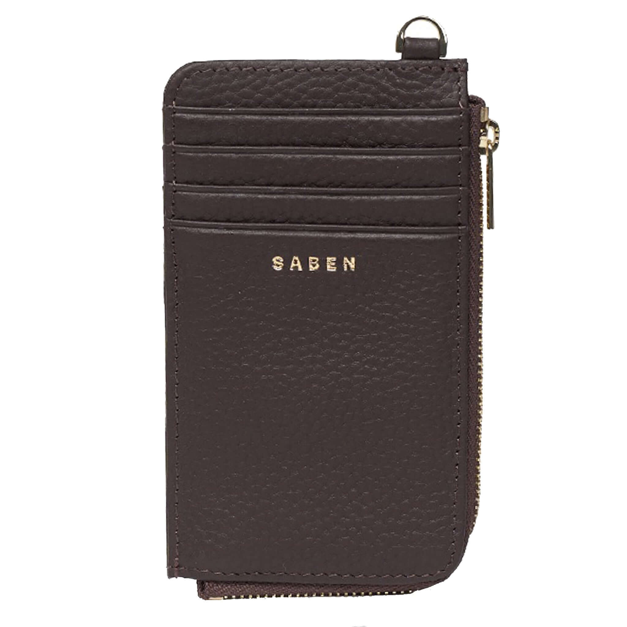 Saben Winona Card Holder - Cacao in dark brown textured leather with card slots and zip compartment.