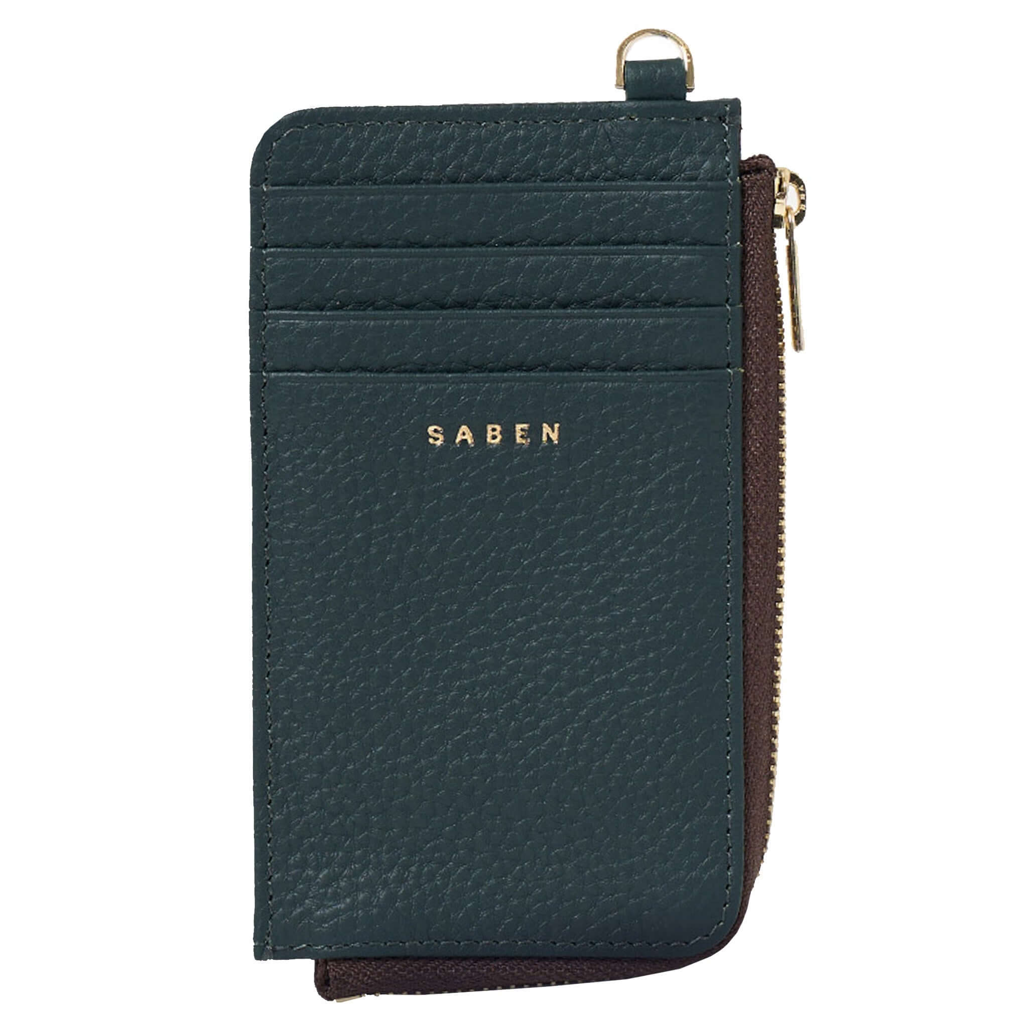 Alt Tag: Saben Winona Card Holder - Hunter Green textured leather card holder with 8 slots and zip coin compartment