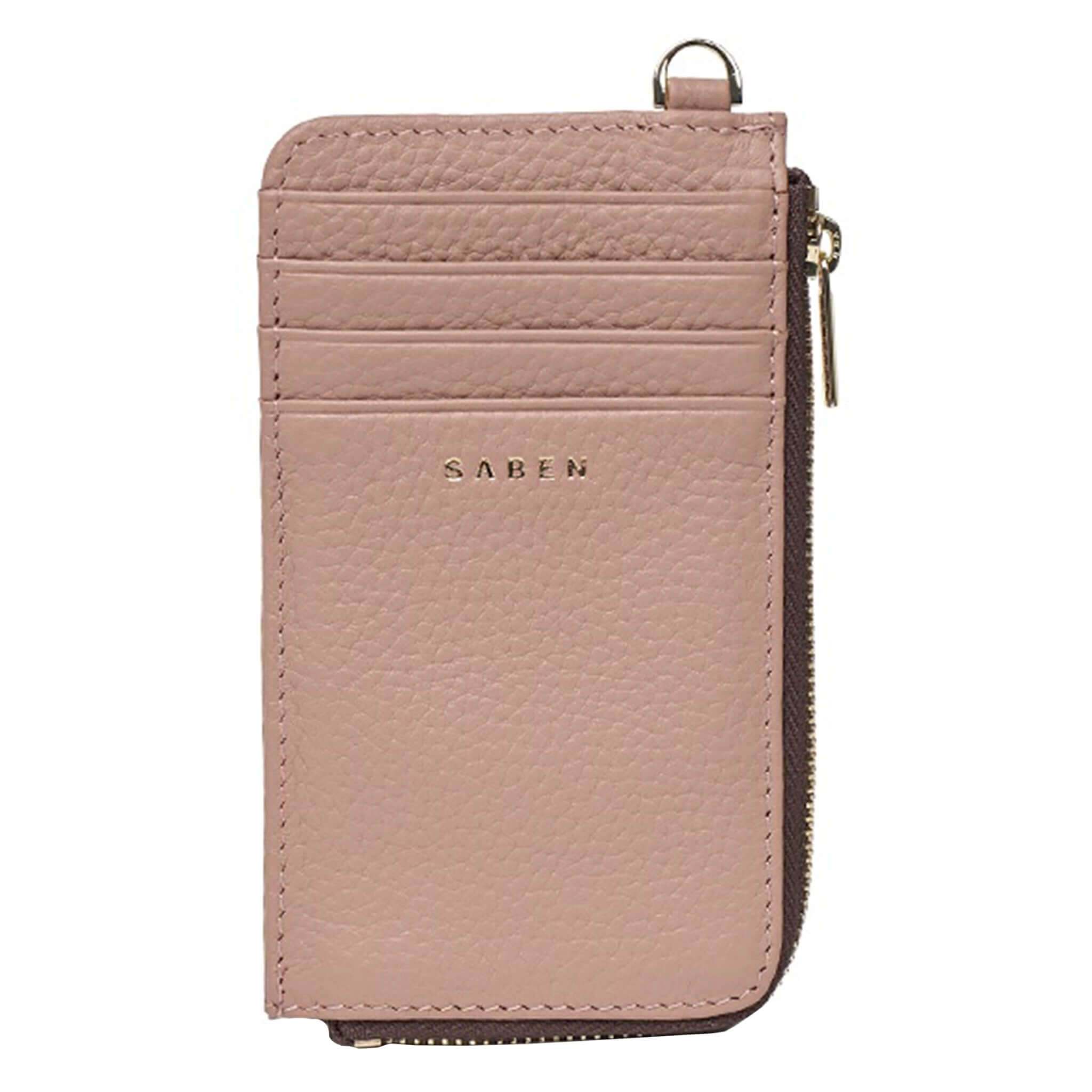 Saben Winona Card Holder - Rosewater in pink textured leather with multiple card slots and zip compartment.