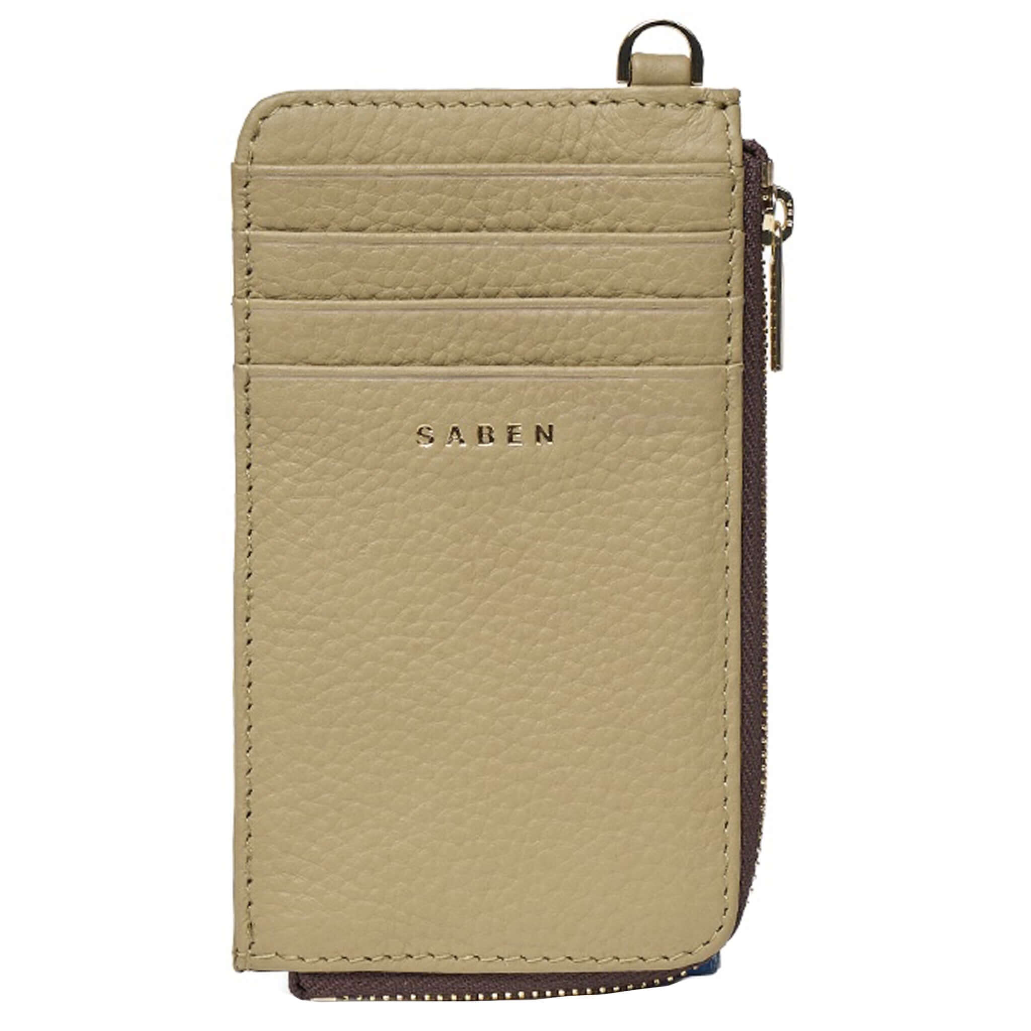 Saben Winona Card Holder - Willow, sleek beige leather wallet with card slots and zipper compartment.