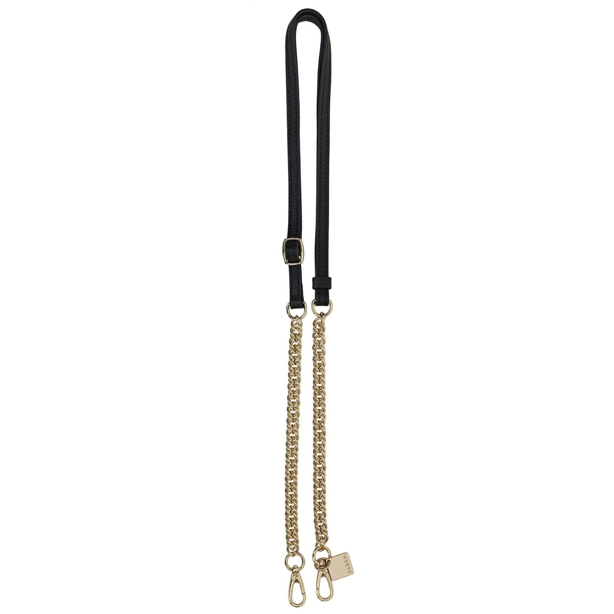 Alt Tag: Saben Feature Chain Strap - Gold Curb with Black Leather detachable adjustable gold curb chain with black leather shoulder or crossbody strap