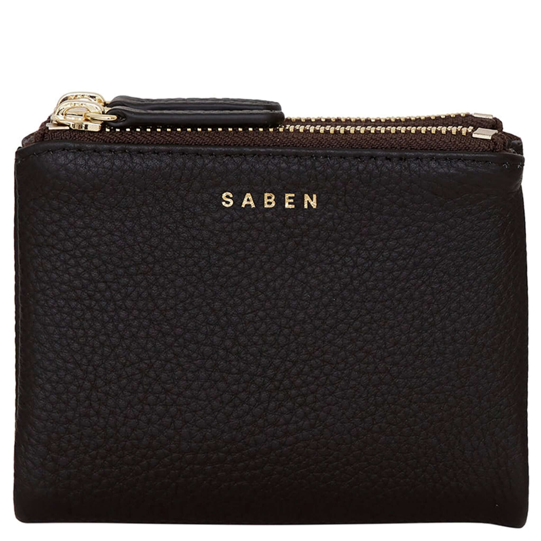 Alt Tag: Saben Delilah Wallet - Black pebbled leather compact zip wallet with gold hardware and SABEN logo