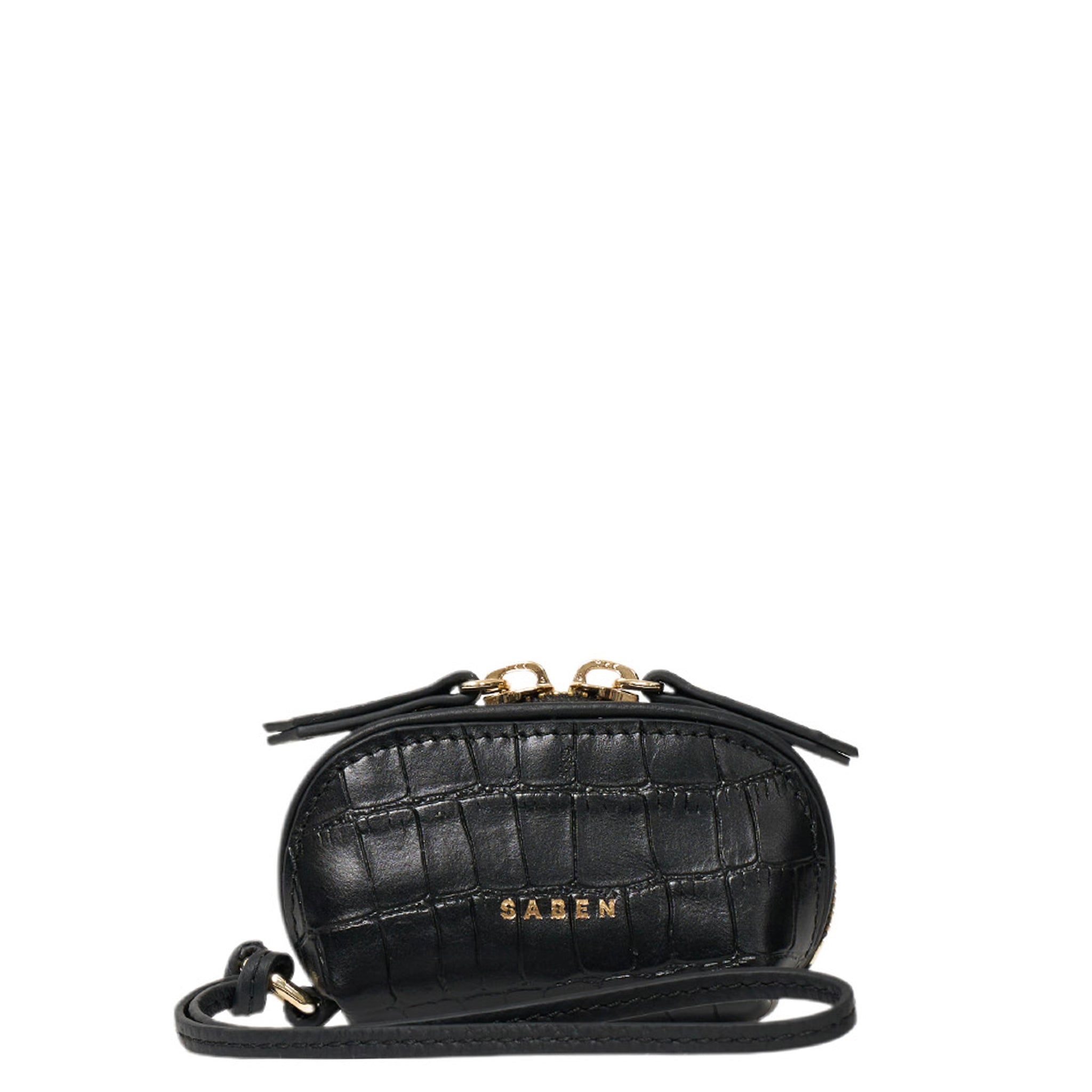 Black quilted handbag with gold accents on a white background