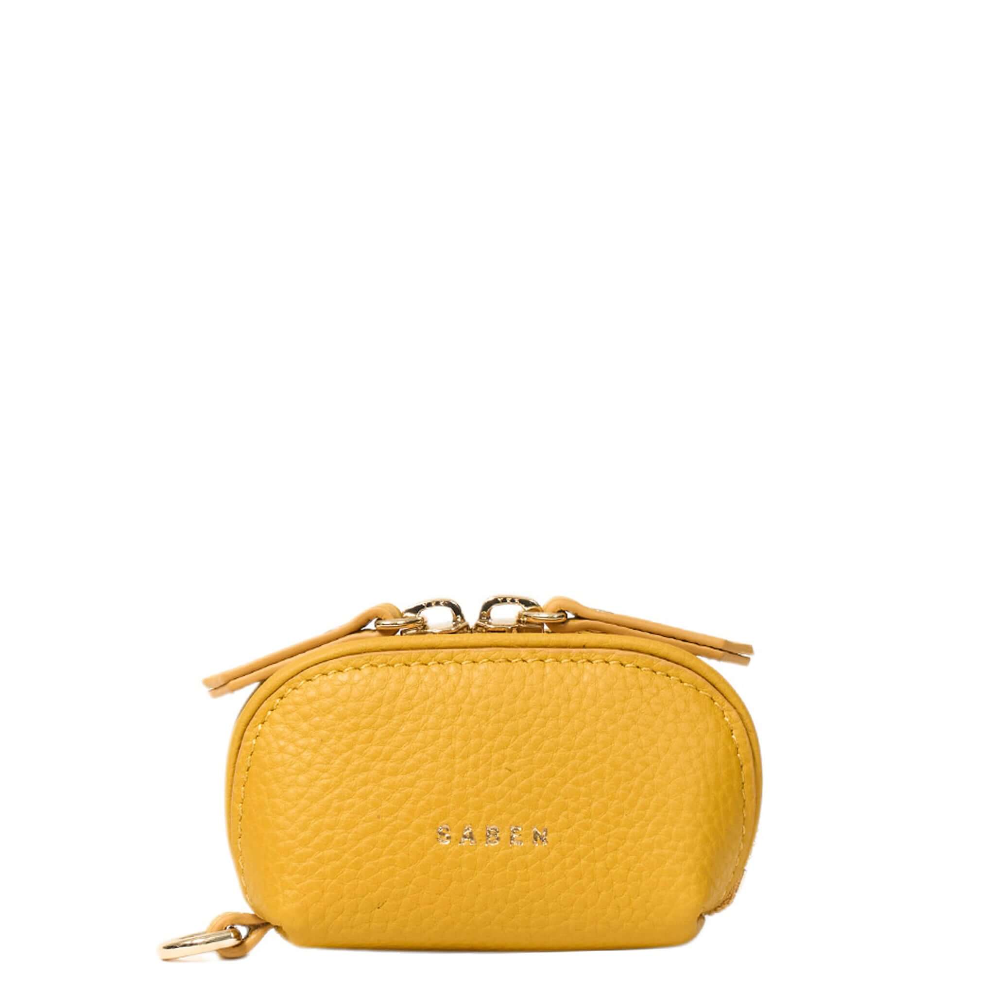 Yellow pouch with a gold zipper on a white background