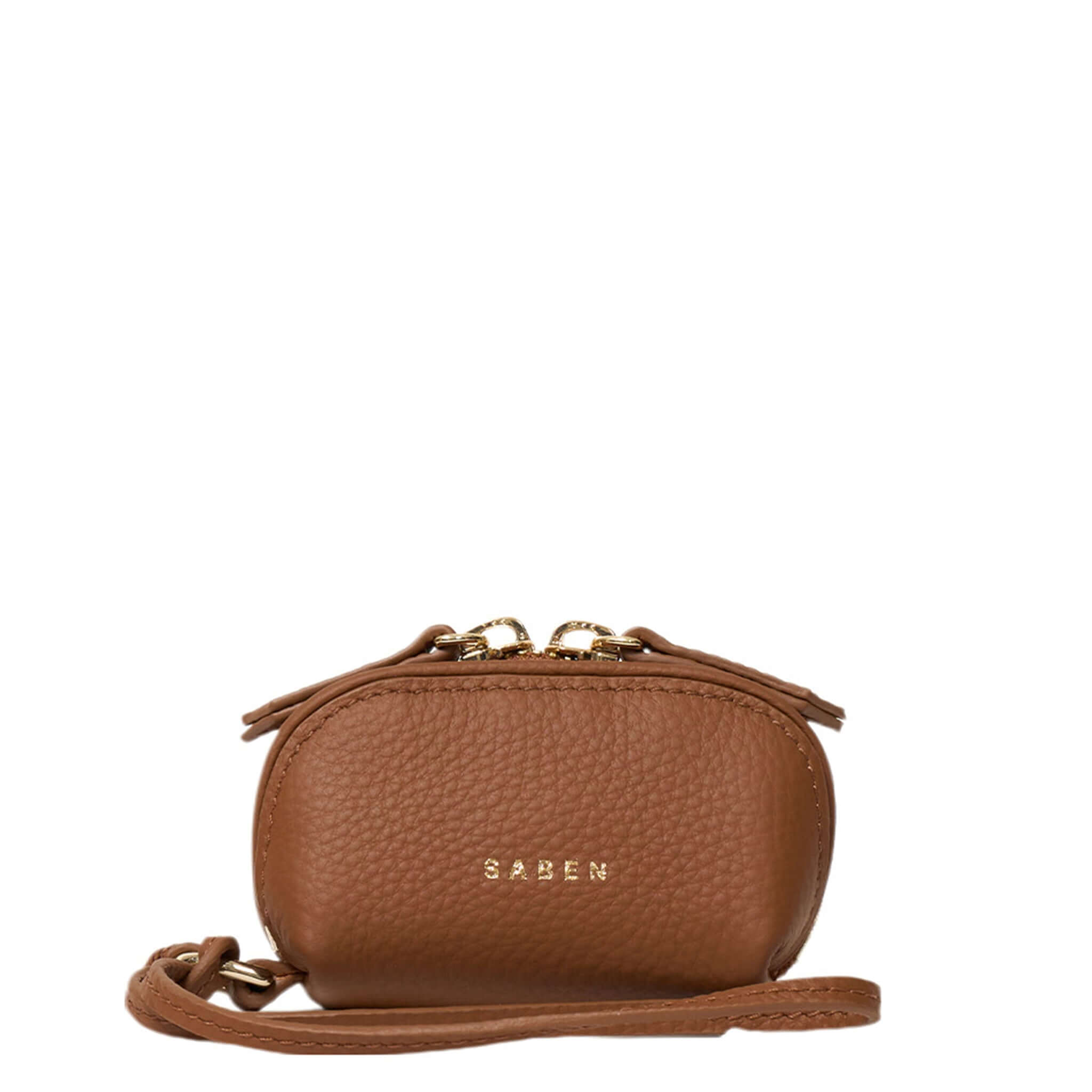 Brown leather crossbody bag with 'SABEN' branding on a white background