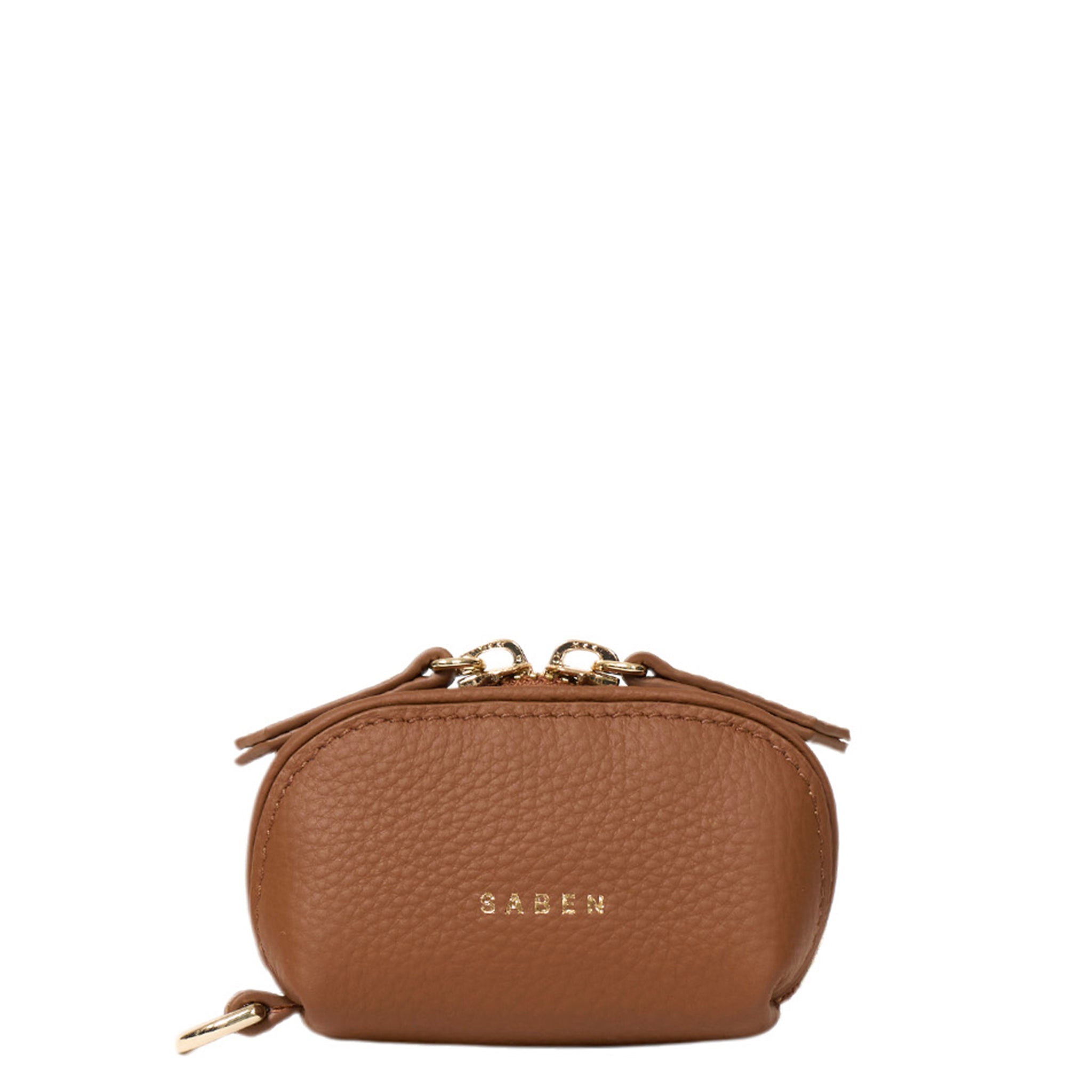 Brown leather pouch with gold zipper and chain on a white background