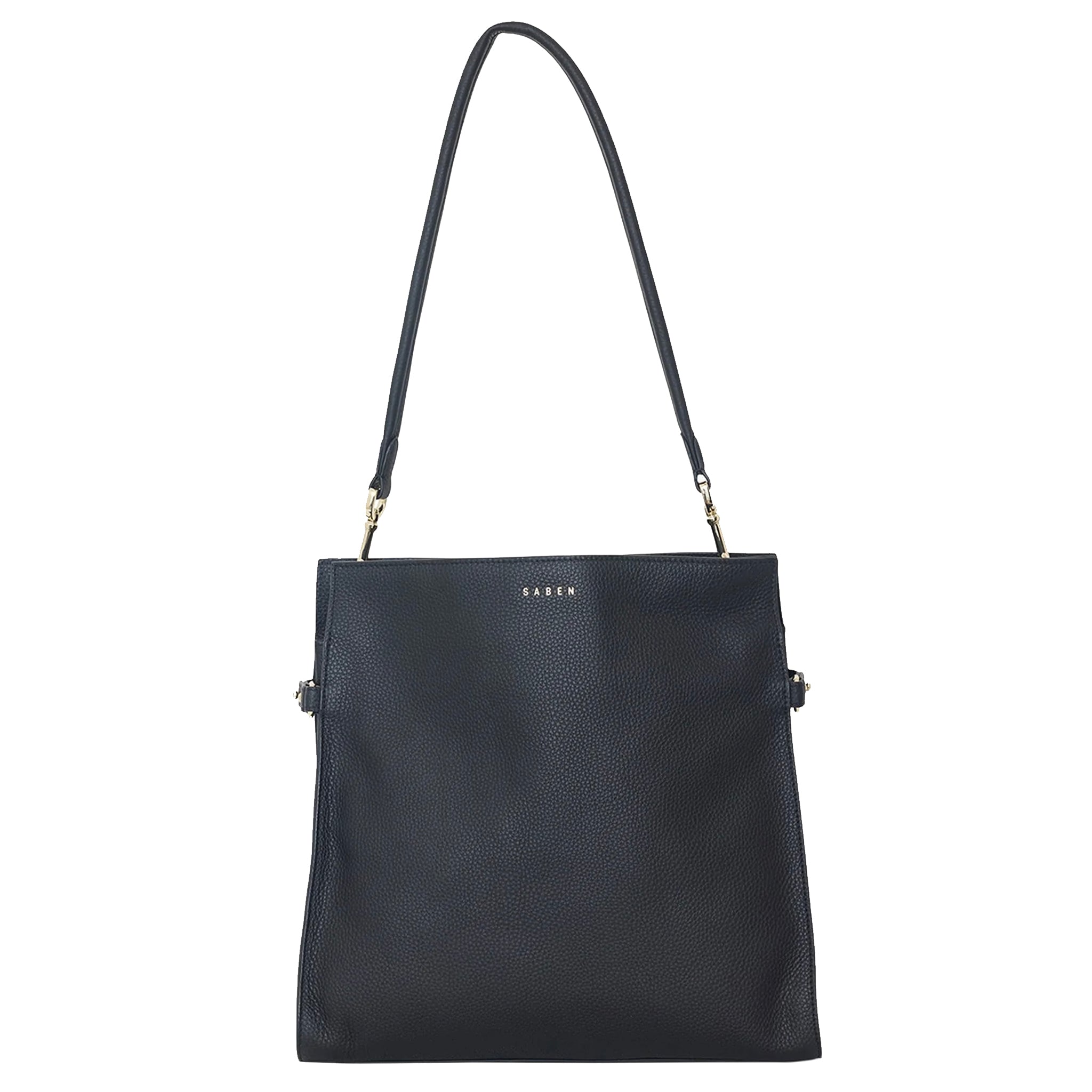 Black shoulder bag with a strap on a white background