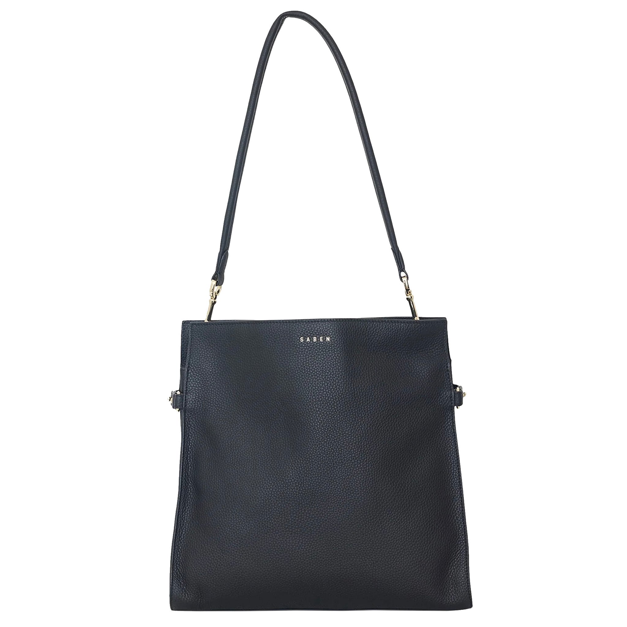 Black leather handbag with a strap on a white background