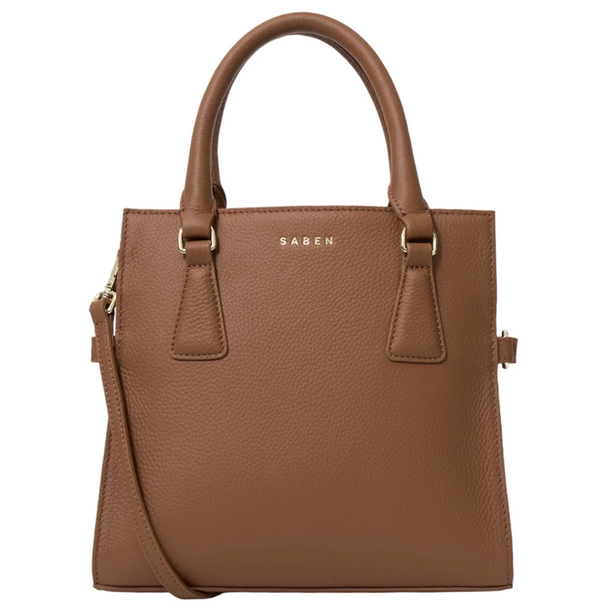 Brown handbag with a strap on a white background