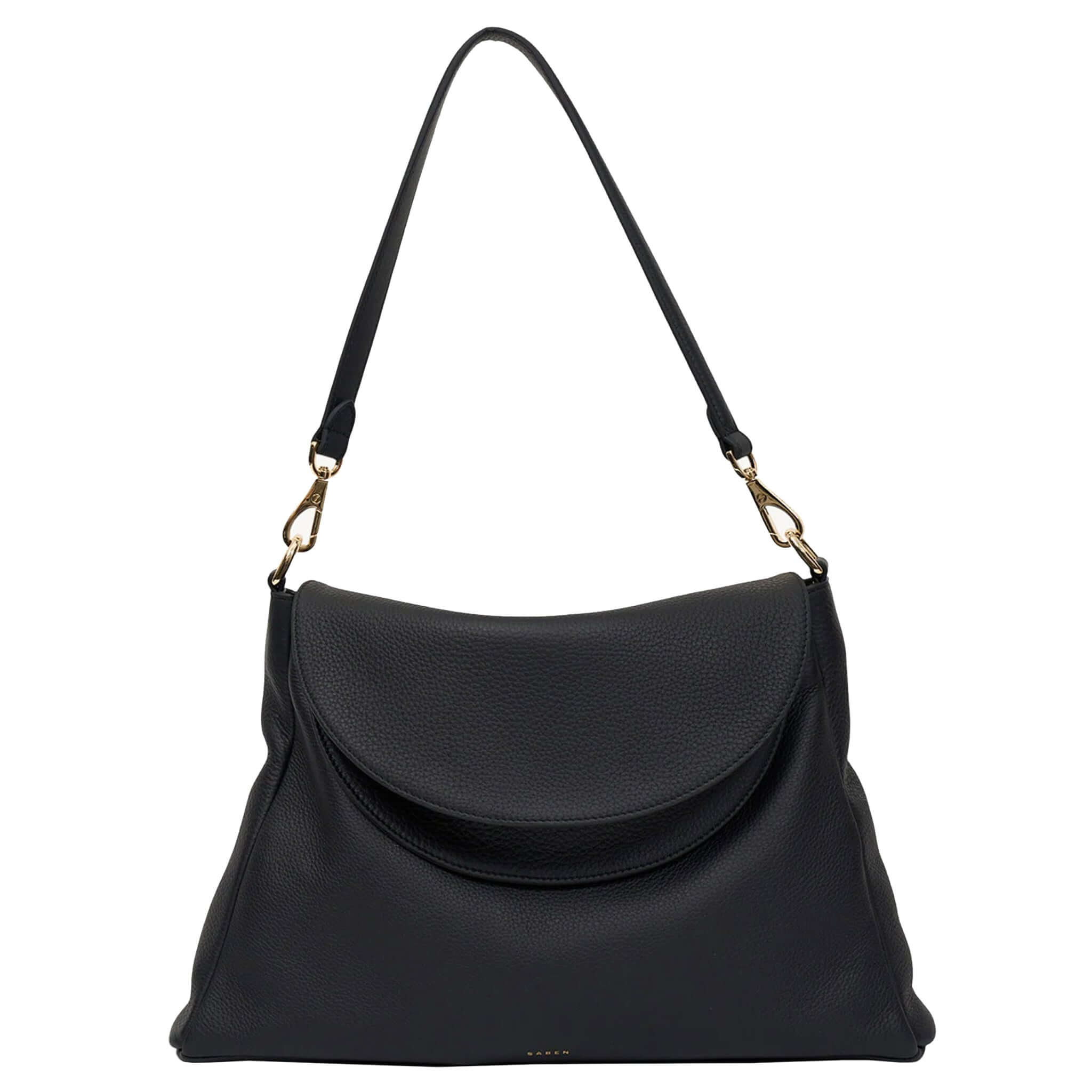 Alt Tag: Saben Becks Shoulder Bag - Black Luxe soft black leather shoulder bag with foldover flap and gold hardware, front view
