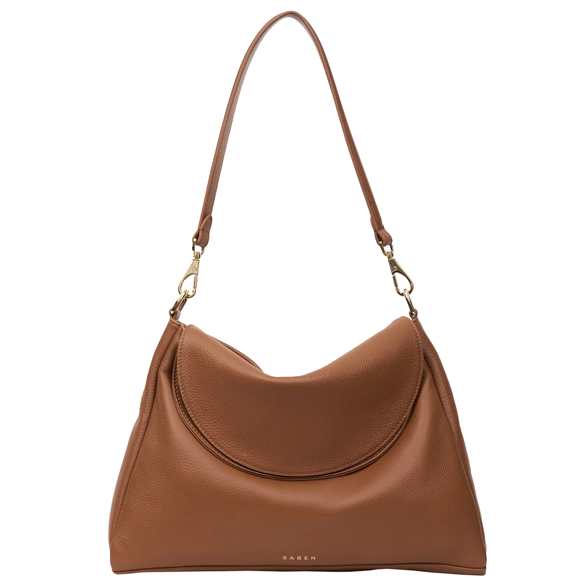 Brown handbag with a strap on a white background