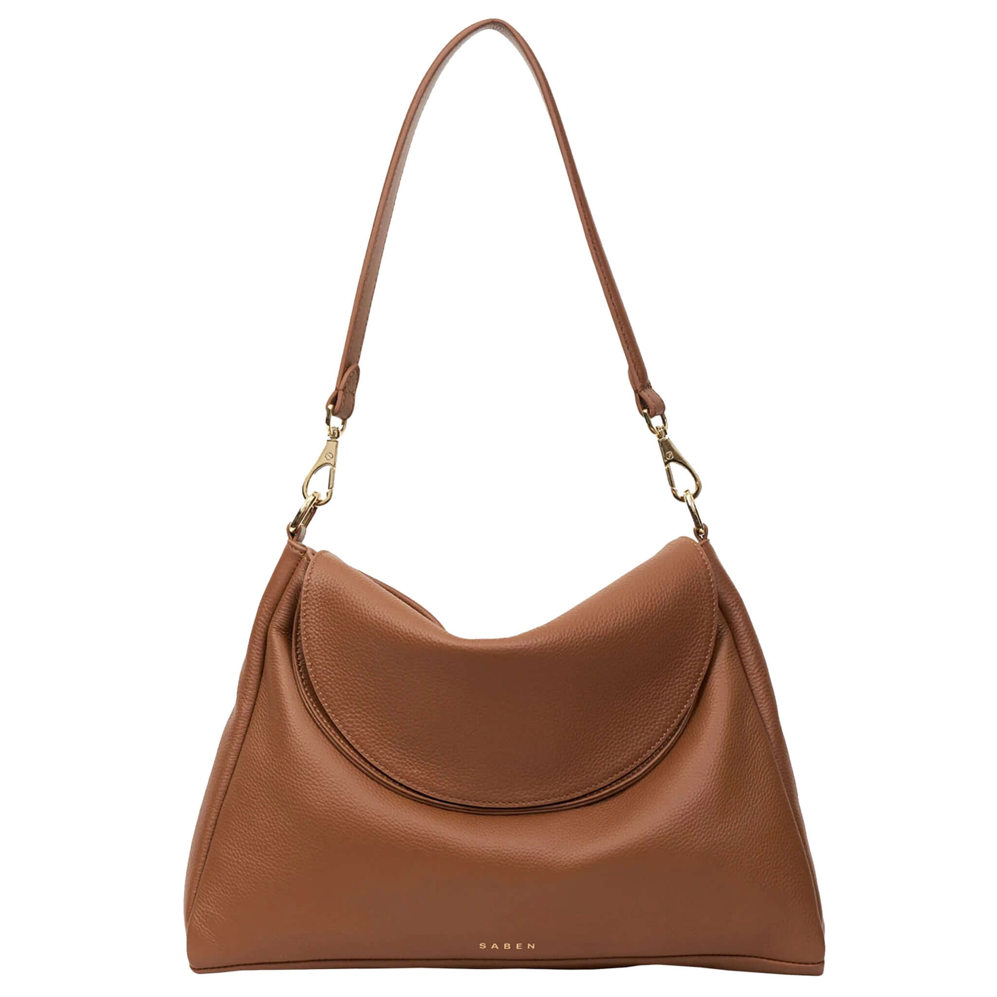 Brown handbag with a strap on a white background