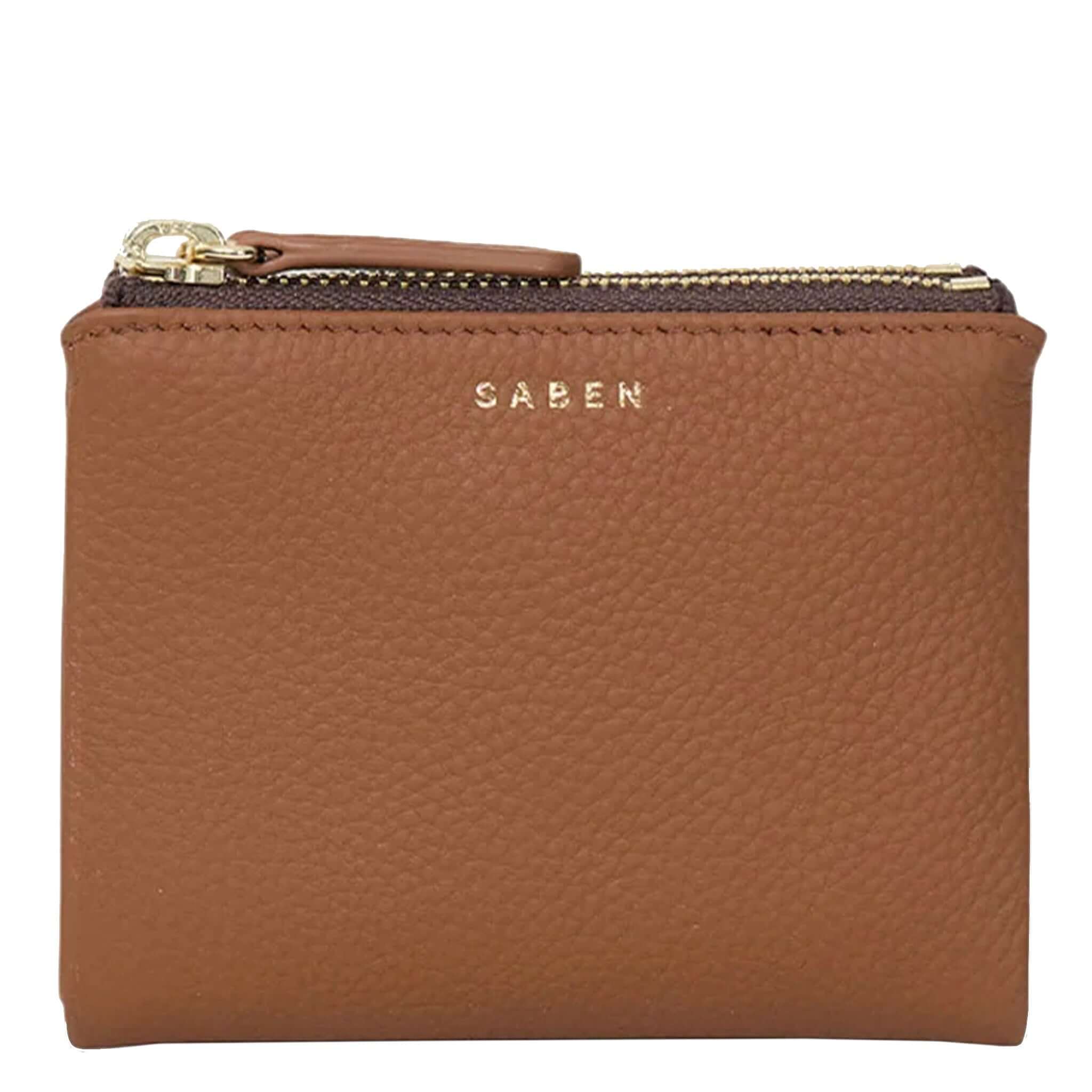 Alt Tag: Saben Delilah Wallet - Tan smooth leather wallet with gold logo and zip coin pouch, front view