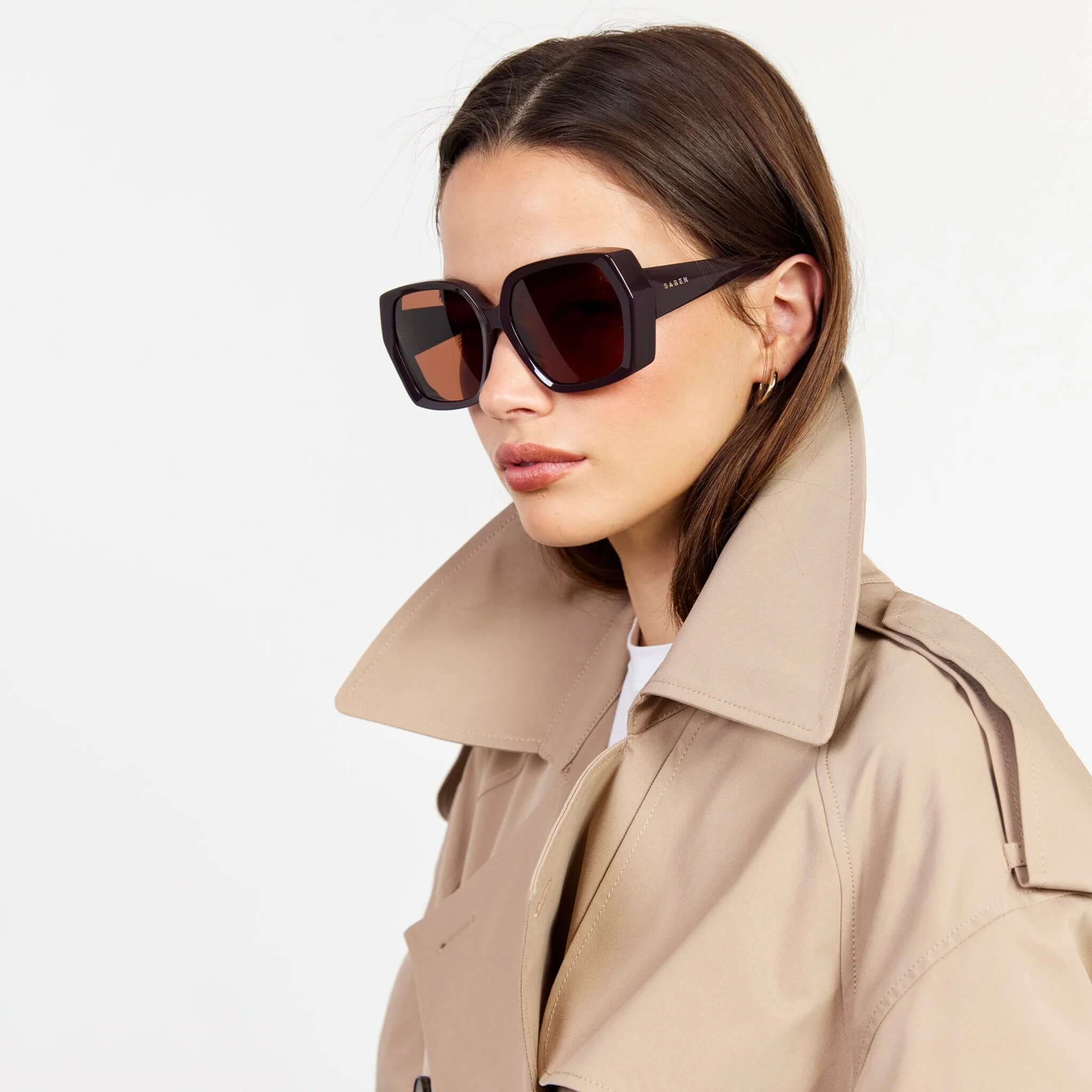 Alt Tag: Saben Eyewear Remi Sunglasses - Espresso oversized hexagonal acetate frame with brown lenses, front view