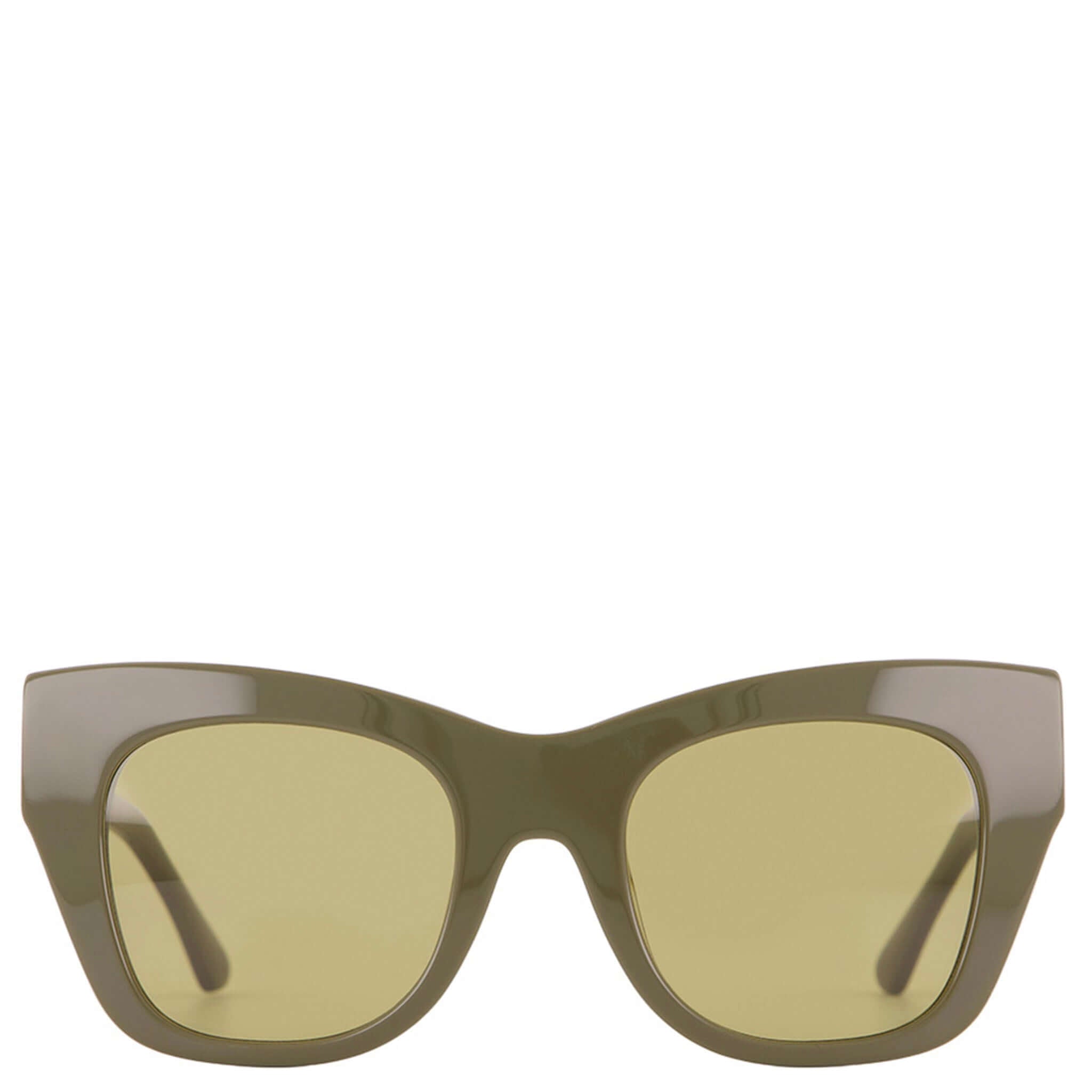 Sunglasses with green frame and yellow-tinted lenses on a white background