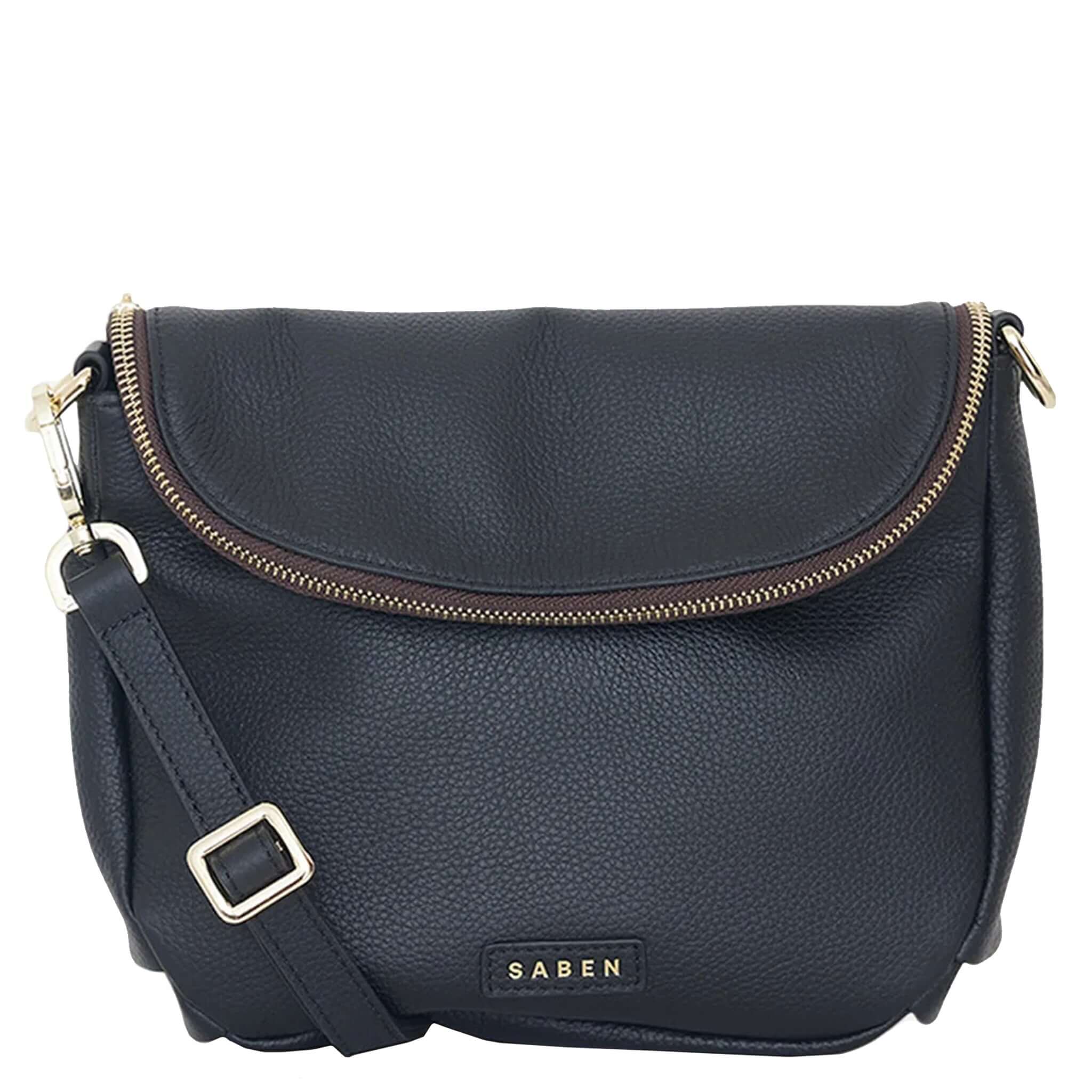 Alt Tag: Saben Fifi Crossbody Bag - Black in soft pebbled leather with draped pocket detail, adjustable strap and gold zip