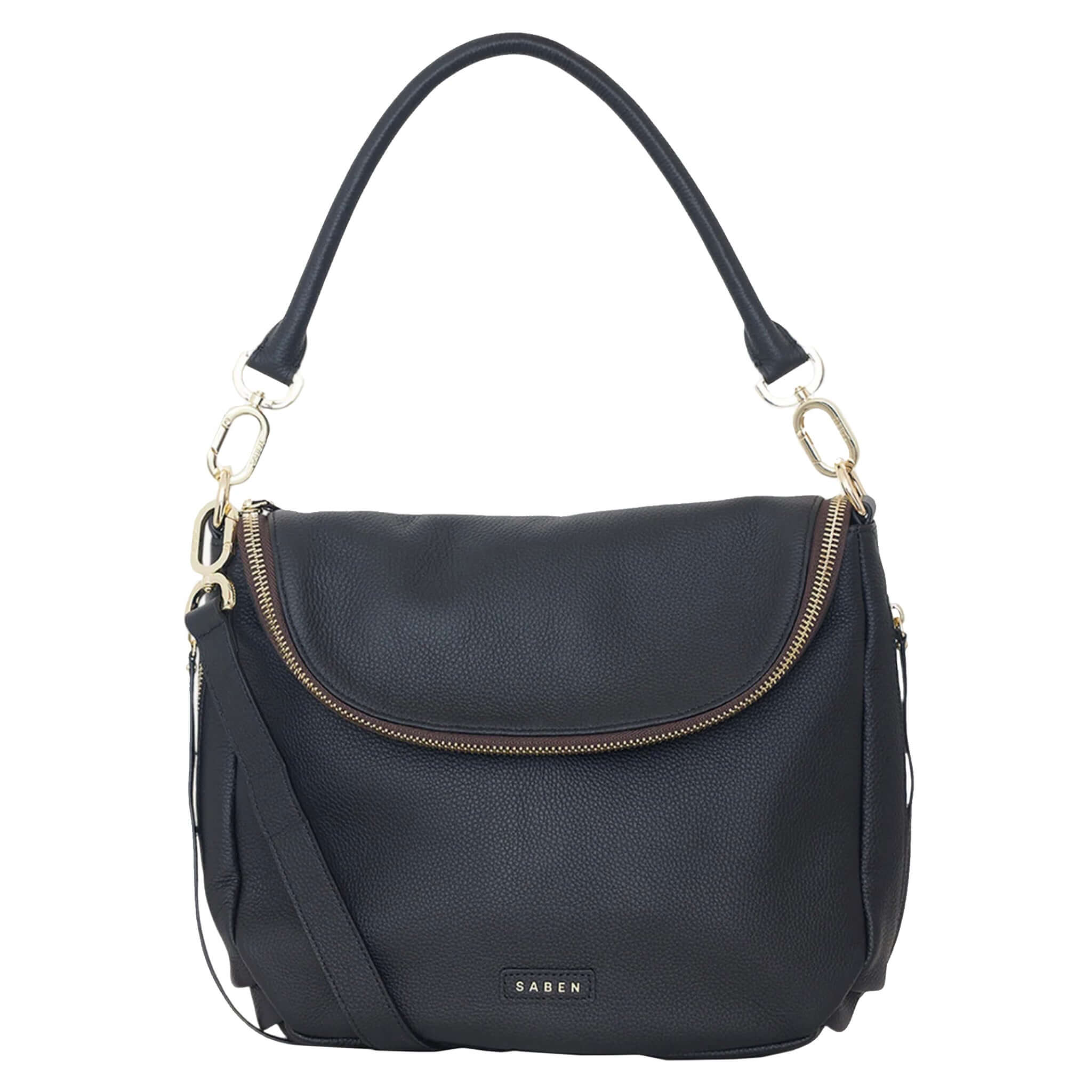 Alt Tag: Saben Frankie Shoulder Bag - Black slouchy pebbled leather shoulder bag with oversized zip front flap compartment
