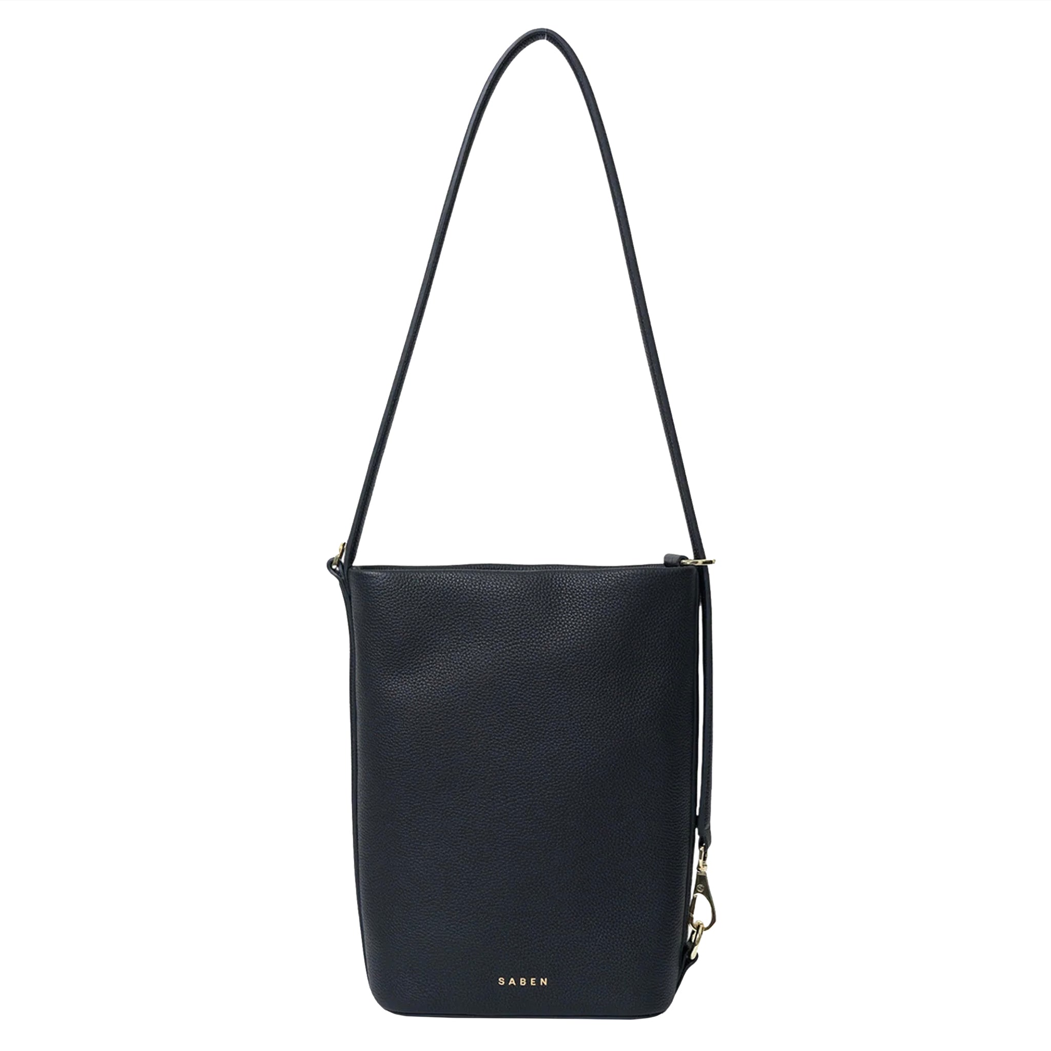 Black shoulder bag with a strap on a white background