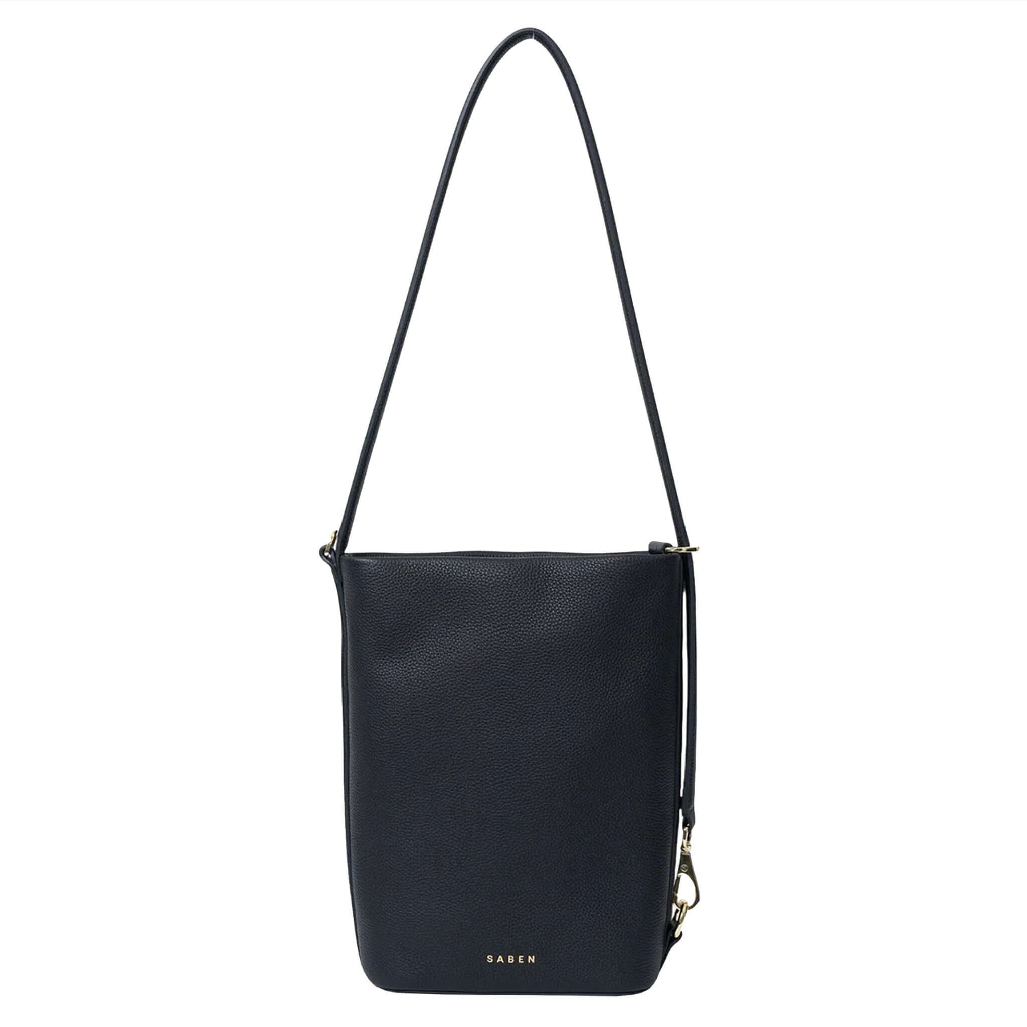 Black shoulder bag with a strap on a white background