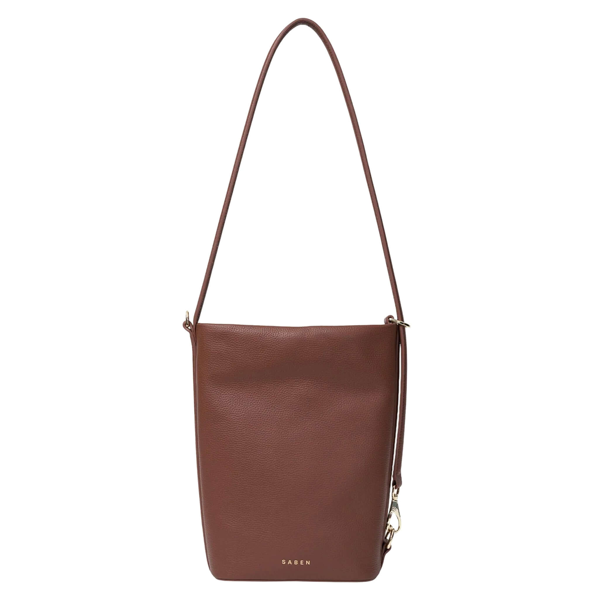 Brown leather shoulder bag on a white background