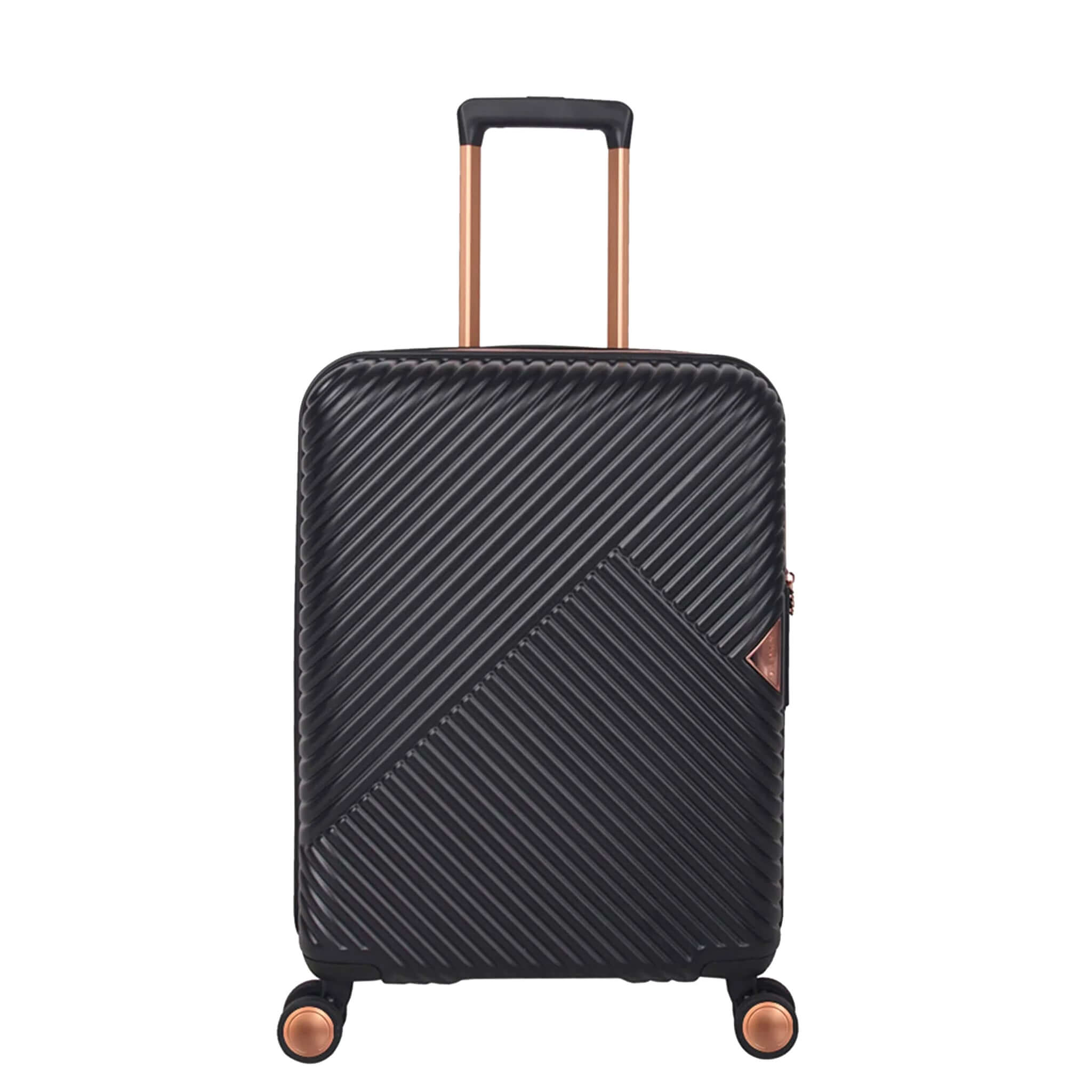 Black moulded polycarbonate suitcase with metallic rose gold detailing, featuring a retractable handle and dual spinner wheels.
