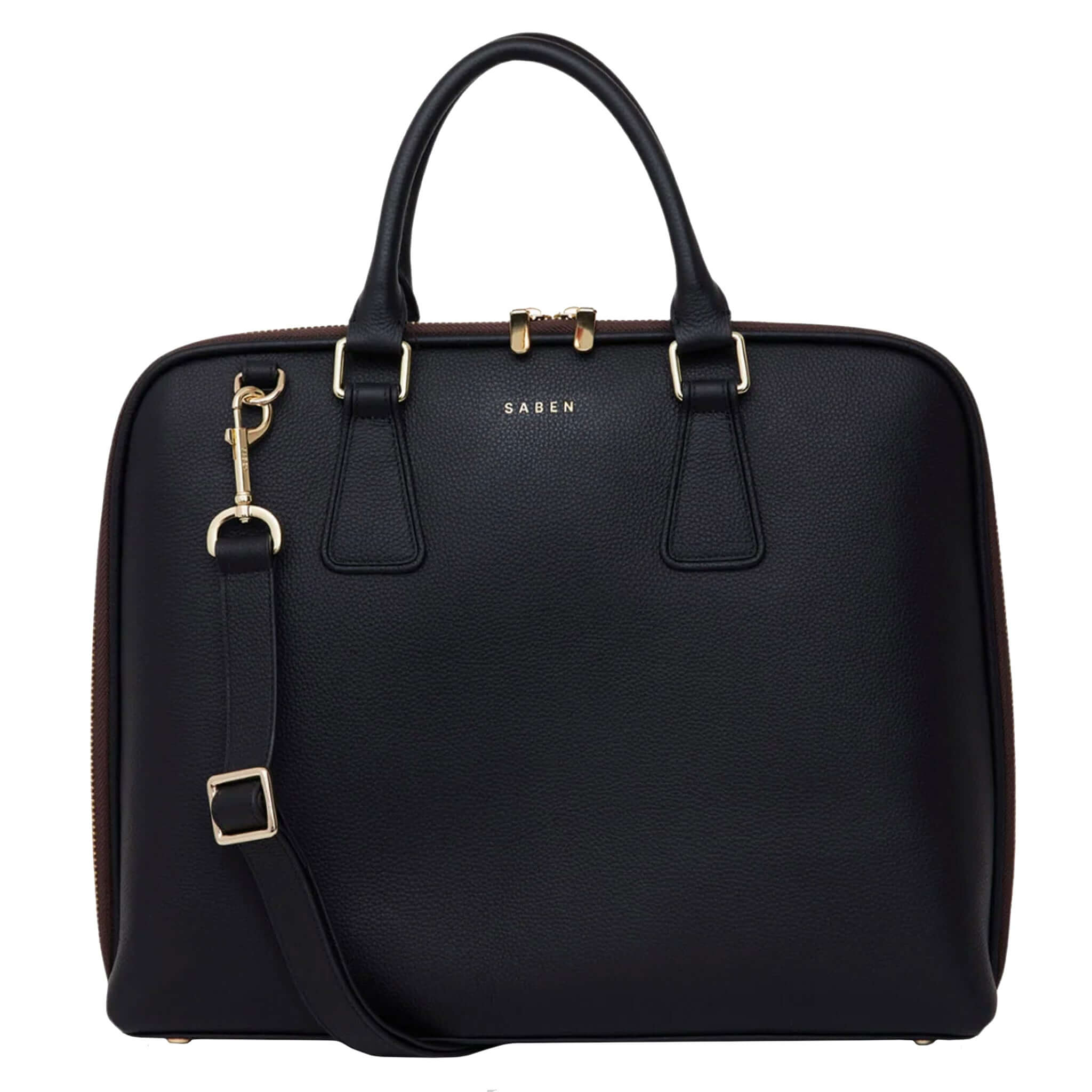 Alt Tag: Saben Parker Briefcase - Black leather laptop briefcase with top handles and detachable shoulder strap, front view