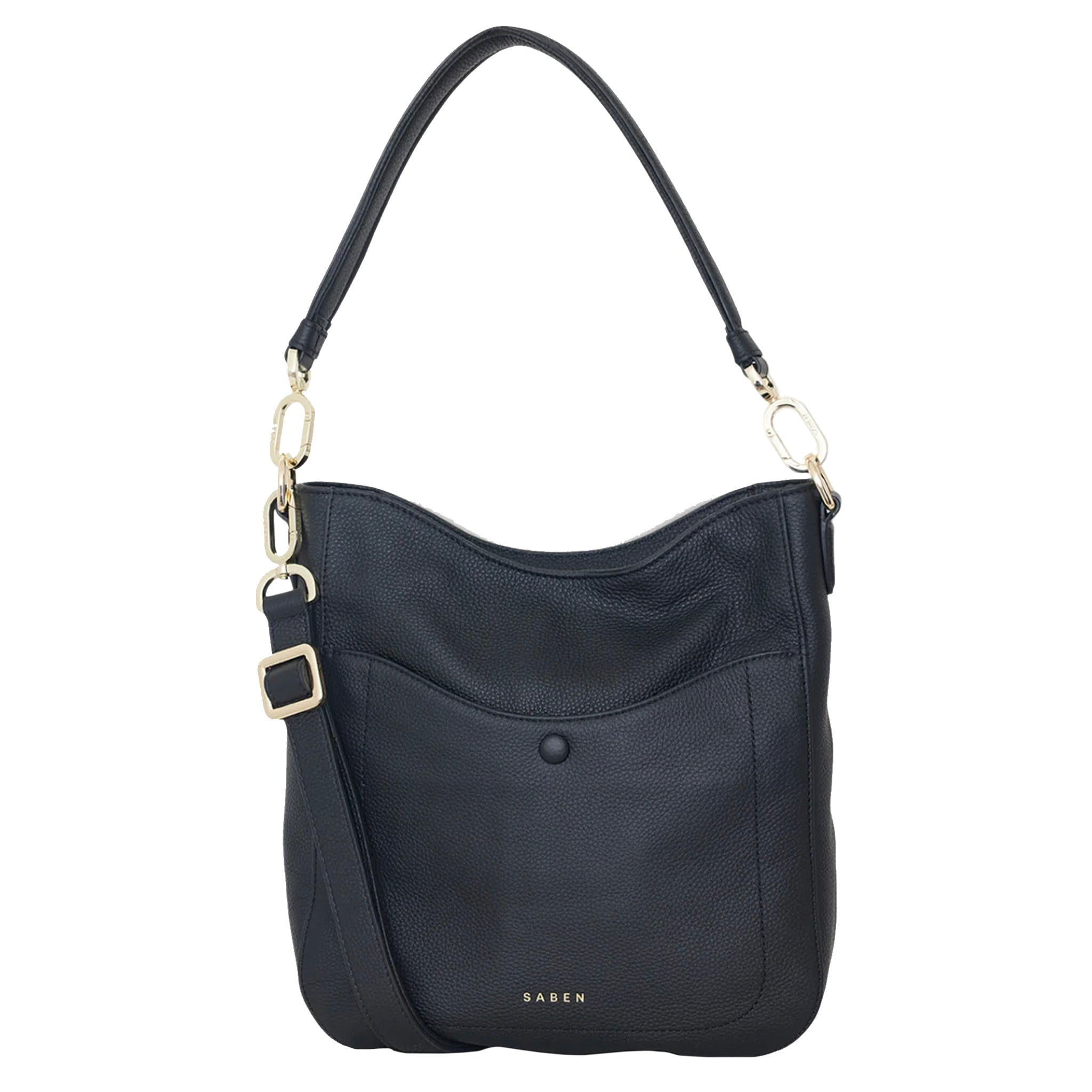 Black handbag with gold accents on a white background