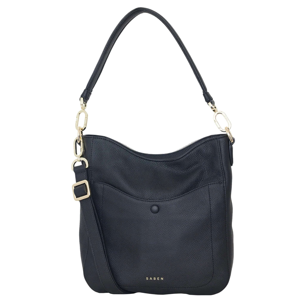 Saben Rebe Shoulder Bag - Black pebbled leather hobo bag with front drop pocket