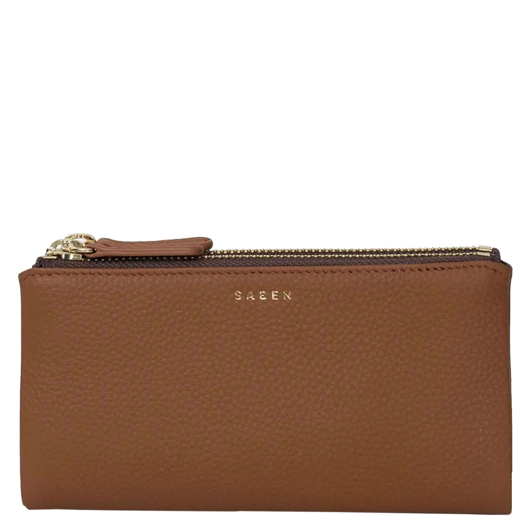 Alt Tag: Saben Sam Wallet - Tan soft leather wallet with gold zip and logo, card slots and coin pouch