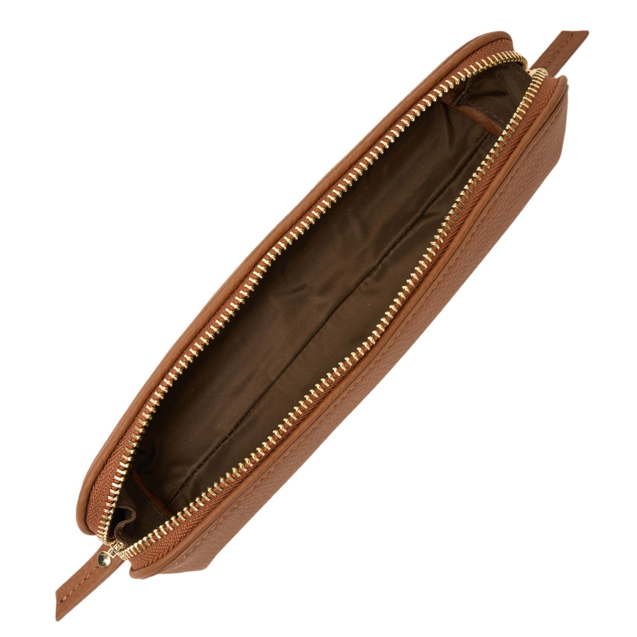 Brown leather wallet with gold zipper on a white background