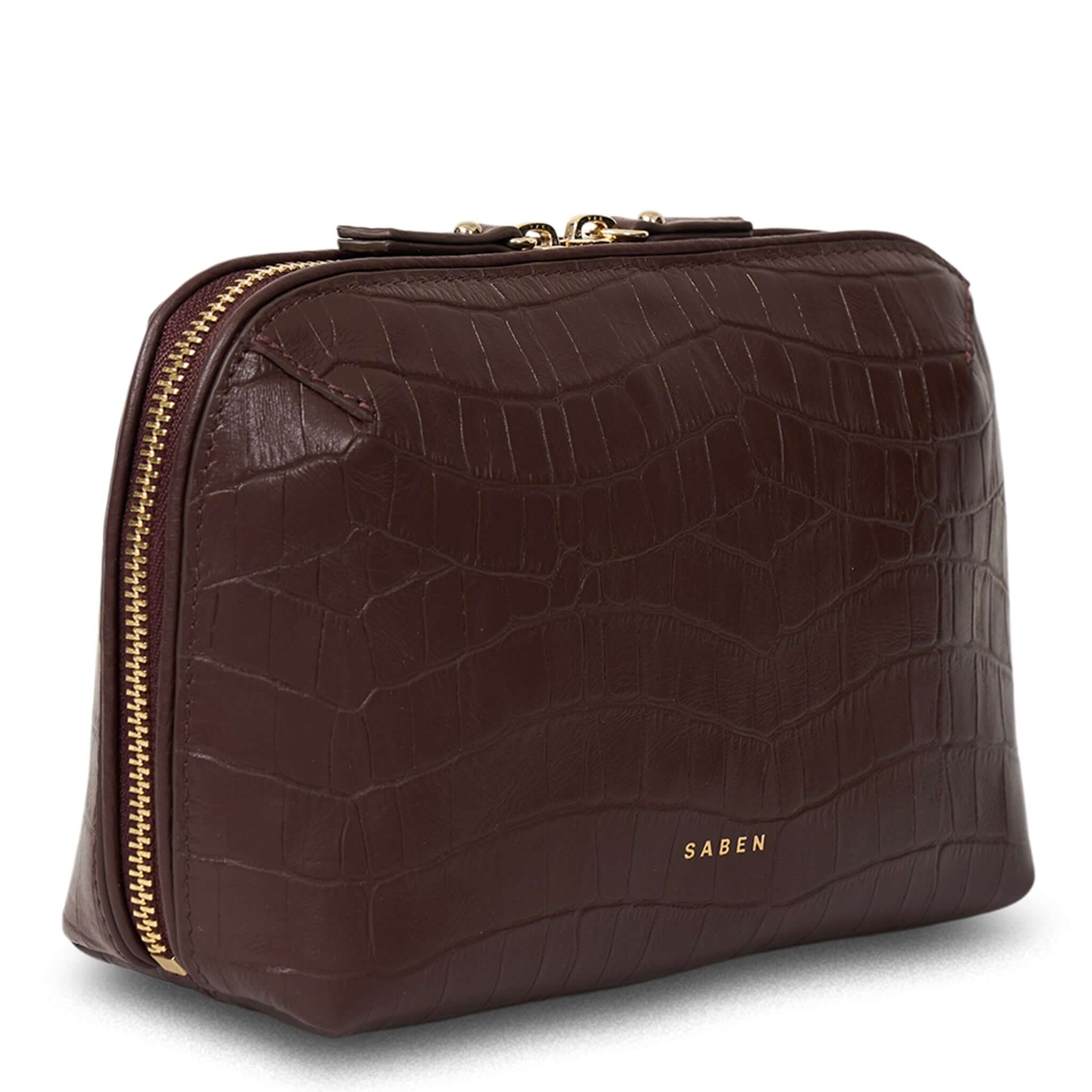Alt Tag: Saben Tate Tech / Cosmetic Pouch - Espresso Croc leather pouch with croc texture, wide zip opening, gold hardware, for tech and makeup