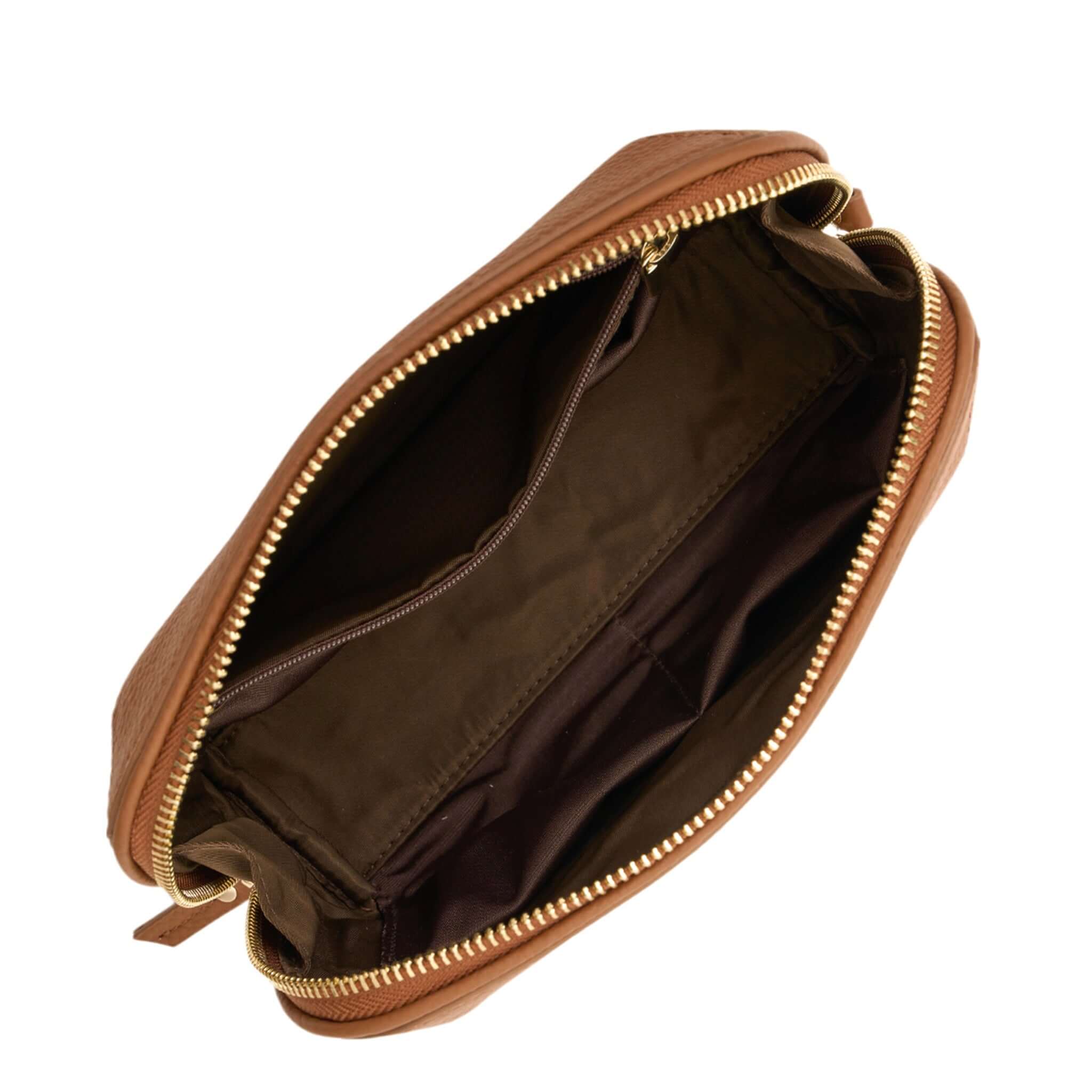 Brown leather pouch with gold zipper on a white background