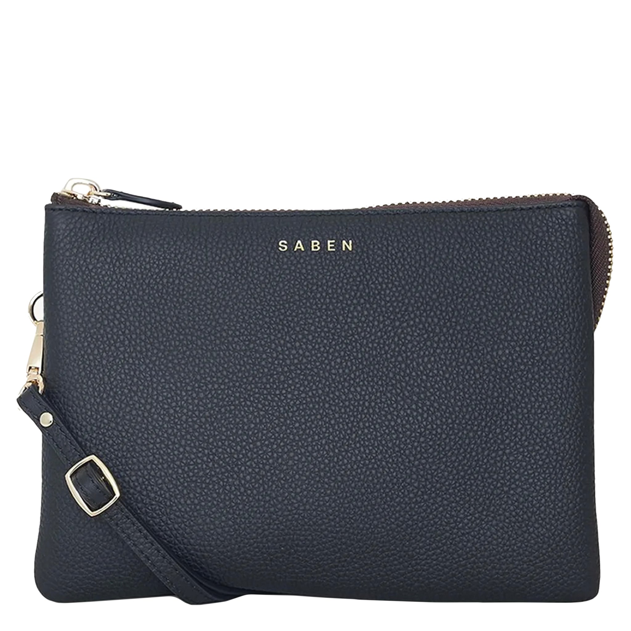 Black clutch bag with a strap on a white background, featuring the brand 'Saben'.