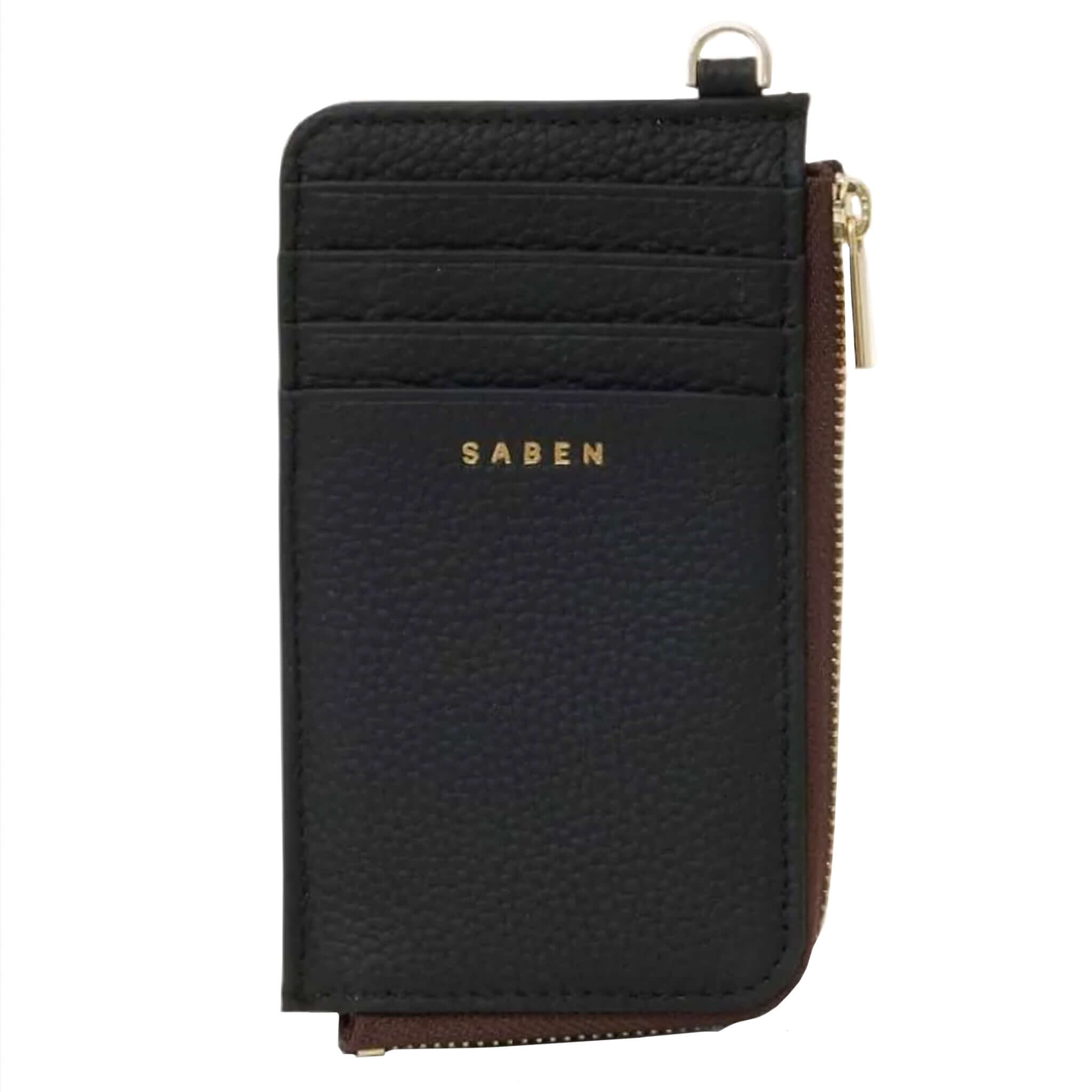 Alt Tag: Saben Winona Card Holder - Black textured leather card holder with 8 card slots and zip coin compartment